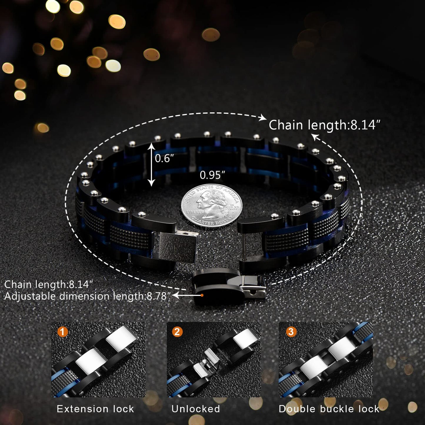Zillaly men's stainless steel two-color square chain diamond bracelet, black and blue ion plating black, boyfriend, husband holiday gift, with gift box