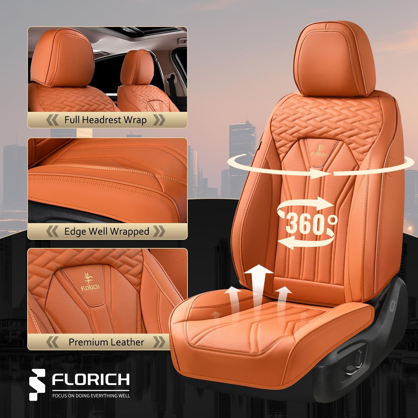 FLORICH Car Seat Covers Full Set, Leather Seat Covers for Cars, Orange Seat Cover, Waterproof Car Seat Cushion Universal Car Seat Protector Front Seats and Back Fit for Most Cars Trucks SUVs