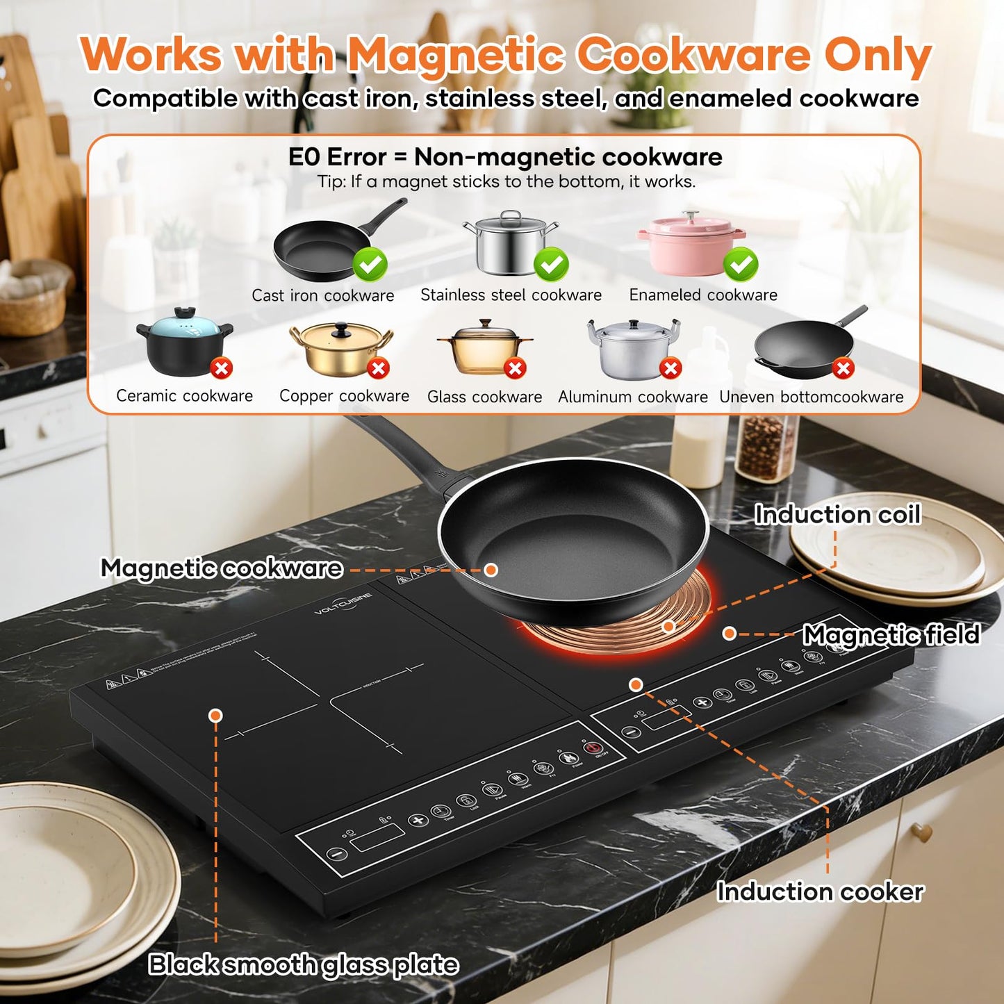 VoltCuisine 24 Inch Double Induction Cooktop, Physical Button Control, 1800W Shared Power, Dual Burner Portable Electric Stove with Low Power Continuous Heating, Countertop Cooker for Home & RV