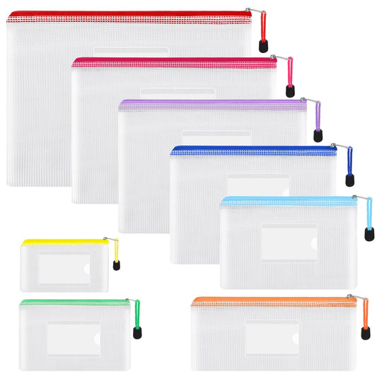 EOOUT 20pcs Mesh Zipper Pouch 8 Sizes Waterproof Zipper Bags, Plastic Travel Pouch for Board Game Travel Storage School Supplies Office Appliances Home Organize