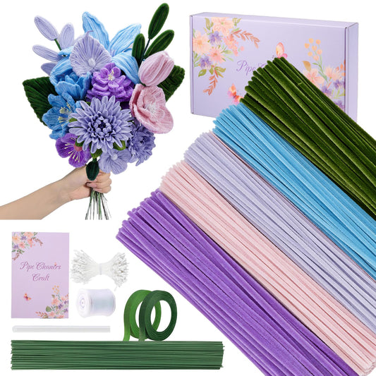 400 Pcs Pipe Cleaners Flower Kit, 5 Colors Pastel Pipe Cleaners Craft Bulk, 7MM Fluffy Chenille Stems for DIY Flower Making Kit with Floral Stems, Gardening Tape, Stamen for Gift Decorations(Lavender)