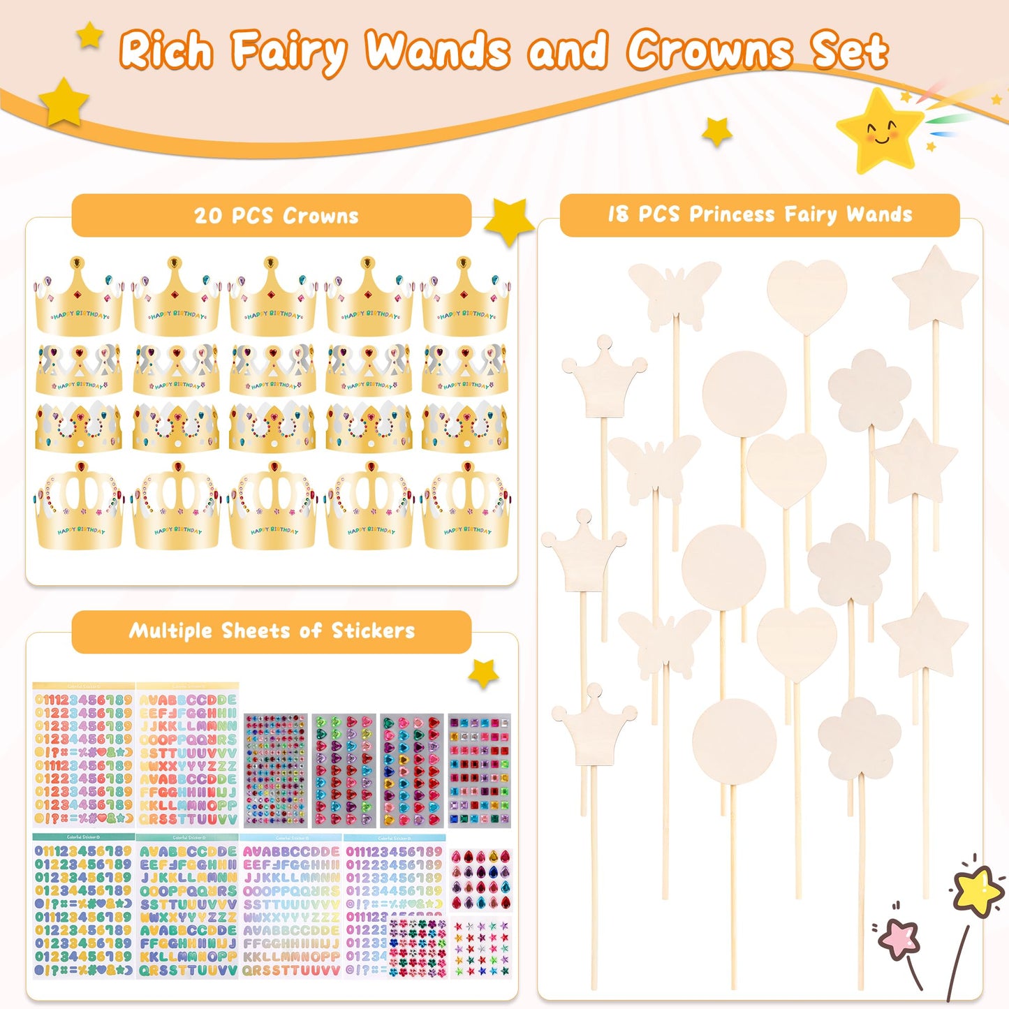 Pllieay Princess Fairy Wands Kit Include 18 Pieces 6 Styles Unfinished Wooden Princess Wand,Gold Paper Crowns, Gem Stickers, Letter and Number Stickers, Princess Art Magical Show for Party Supplies