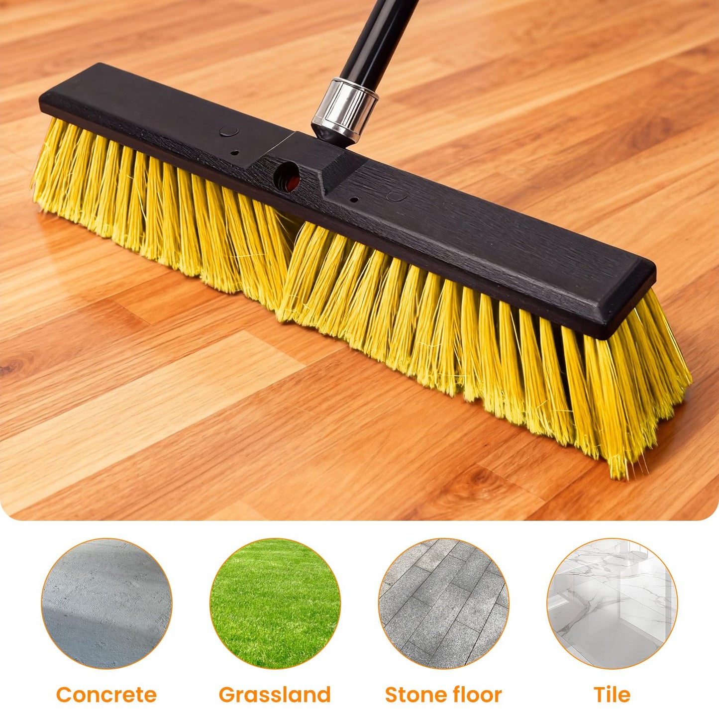 TOMAIX 24 Inches Push Broom Outdoor，Commercial Broom Brush，Stiff Bristle Brush with 61.8 inches Long Handle for Patio Garage Deck Street Shop Warehouse Lawn Driveway -3 Pack