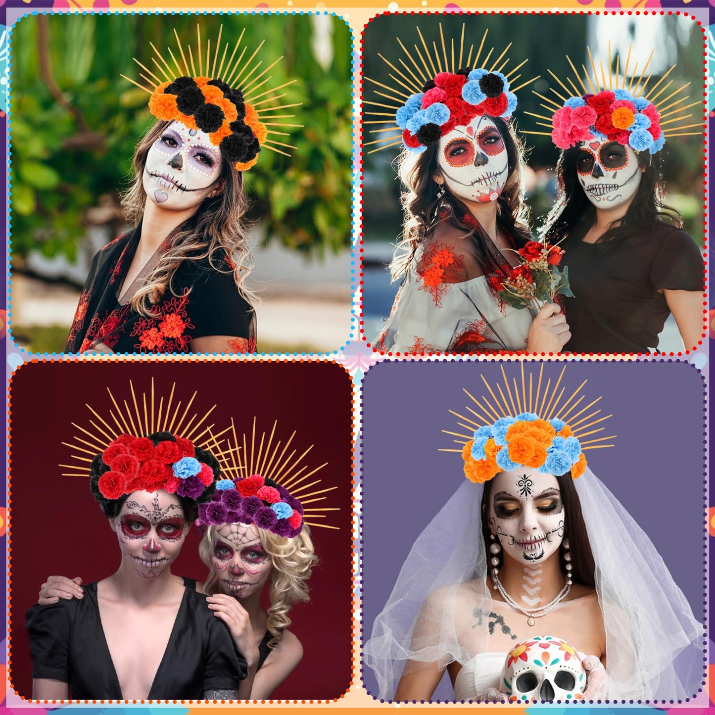 HFYZZ 290 Pcs Day of the Dead Floral Headpiece DIY Mexican Flower Halo Crown Headband for Women Halloween Cosplay Hair Accessories