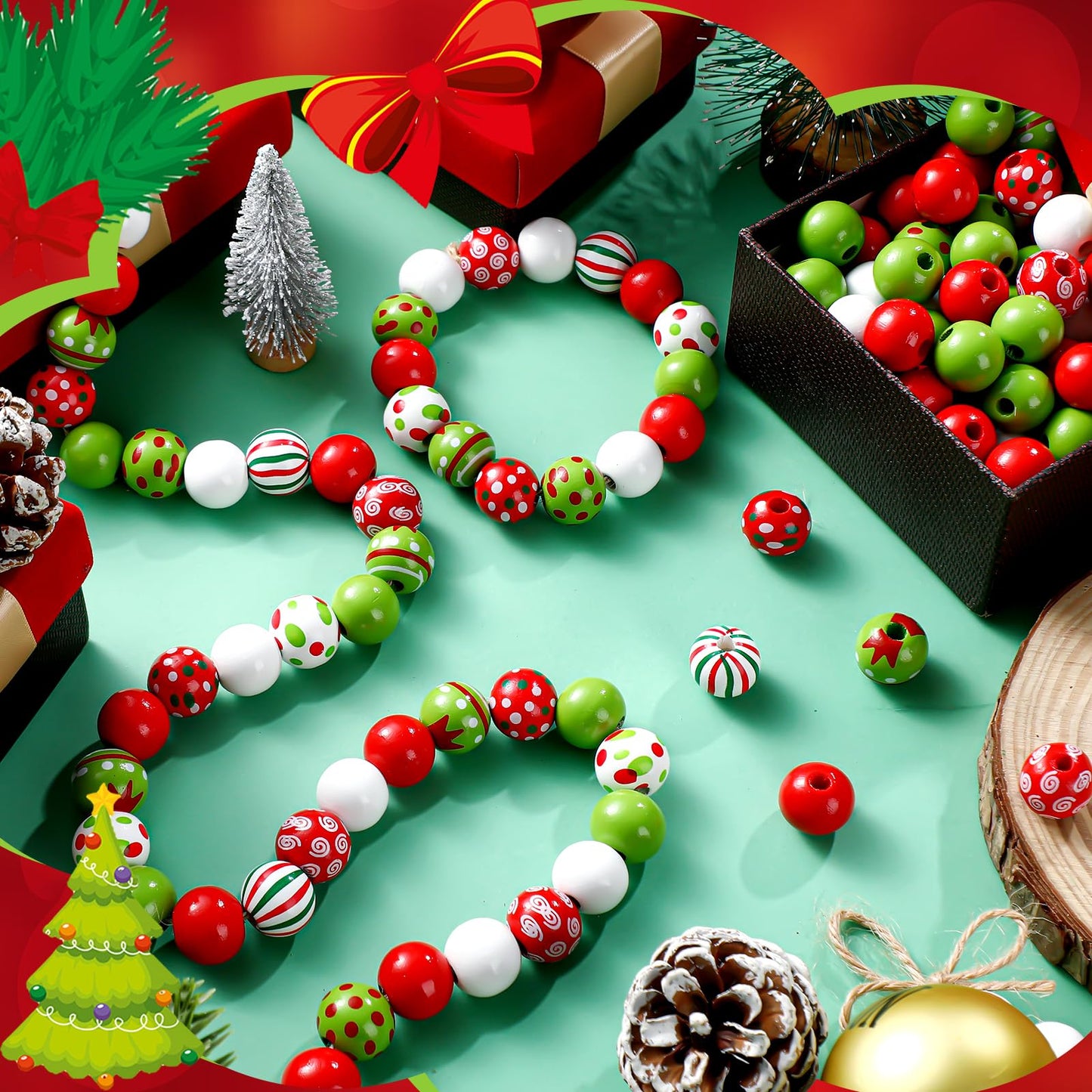 240 Pcs Christmas Wooden Beads Bulk for Crafts, Red and Lime Green Round Spacer Polka Dot Peppermint Swirl Beads for Jewelry Making DIY Garland Pen Holiday Xmas Tree Decor Ornament, 16mm, 9 Styles