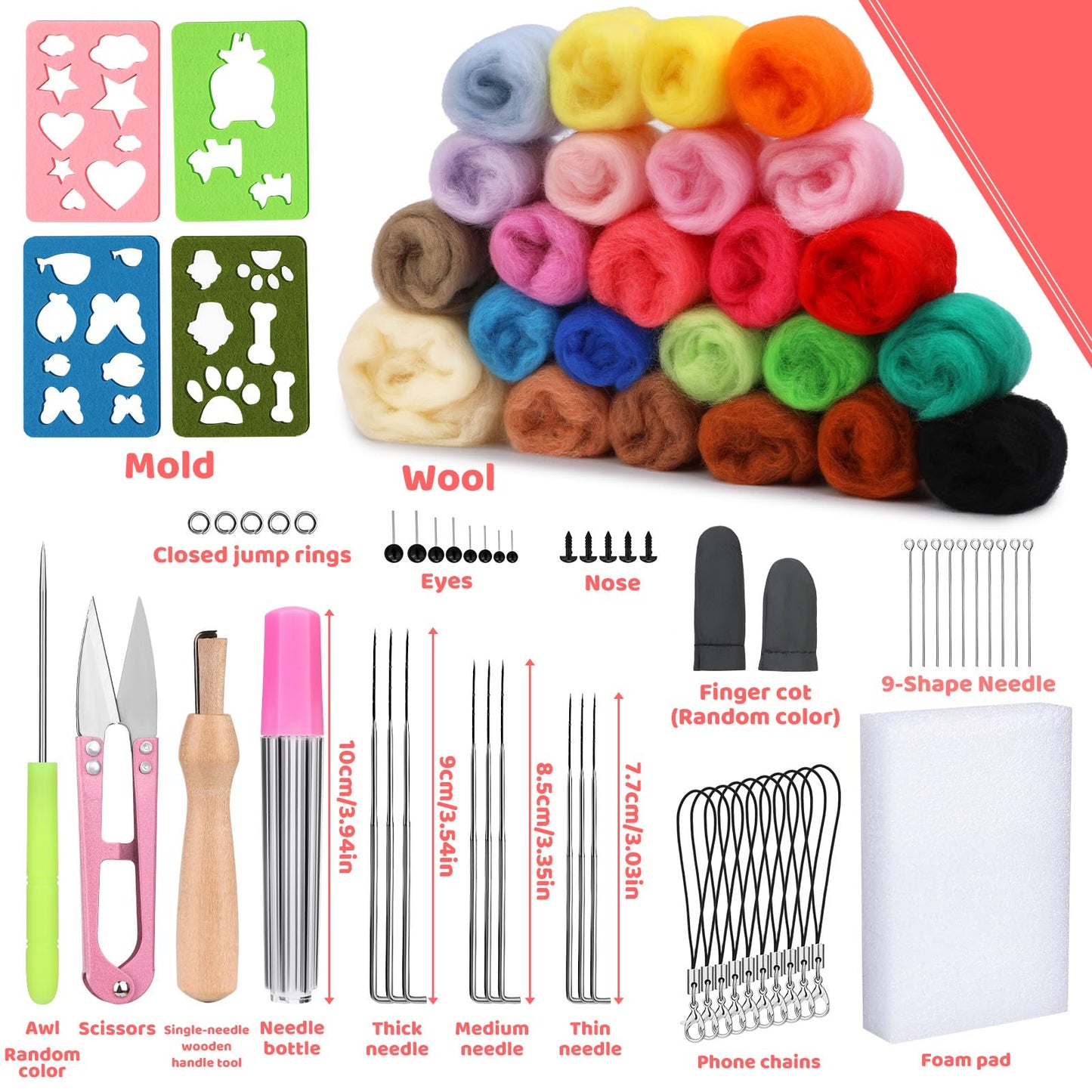 Yizzvb Needle Felting Kit, Wool Roving 24 Colors Set, Needle Wool Felting Tools Kit for Beginners, Needle Felting Starter Kits with Felting Needles for Felted Animal Needle Felting Supplies