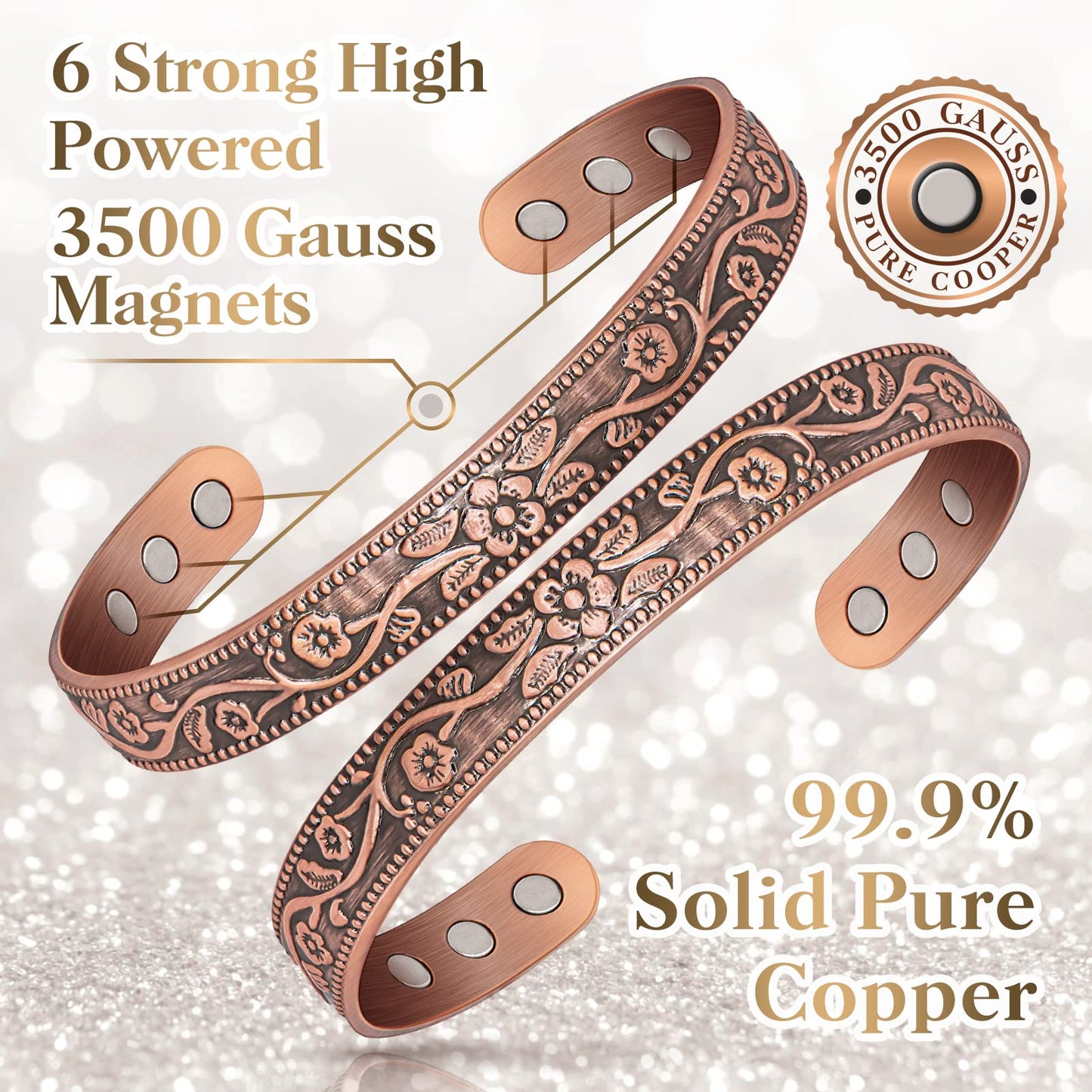 Magnetic Lymph Detox Bracelet: Copper Bracelet for Women Men, 100% Pure Copper Bracelet with 6 Magnets 3500 Gauss - Jewelry Gifts (2PCS)