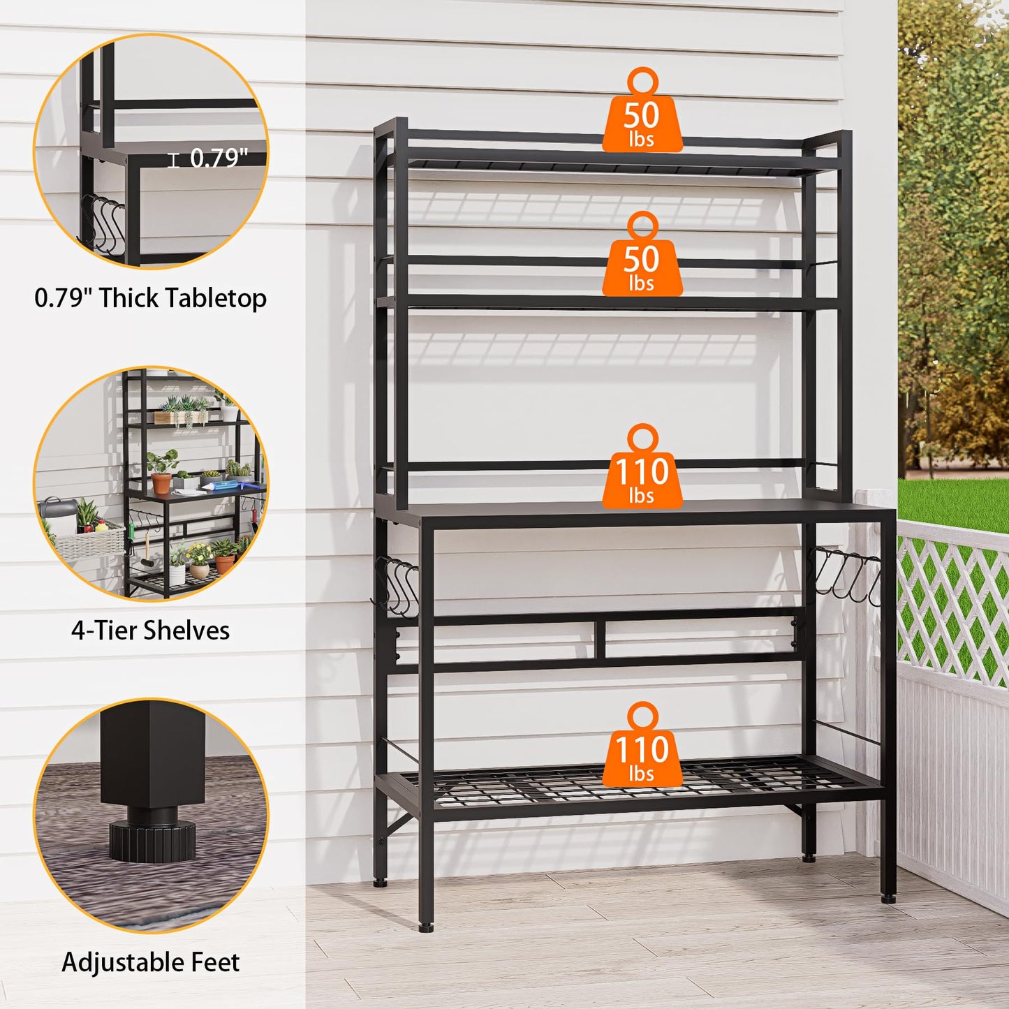 MUVJUG Kitchen Bakers Rack with Open Bottom, 63''H Metal Microwave Stand with 8 Hooks, 4-Tier Heavy Duty Coffee Bar Table with Mesh Shelf, Multi-Purpose Display Rack&Potting Bench Table for Patio
