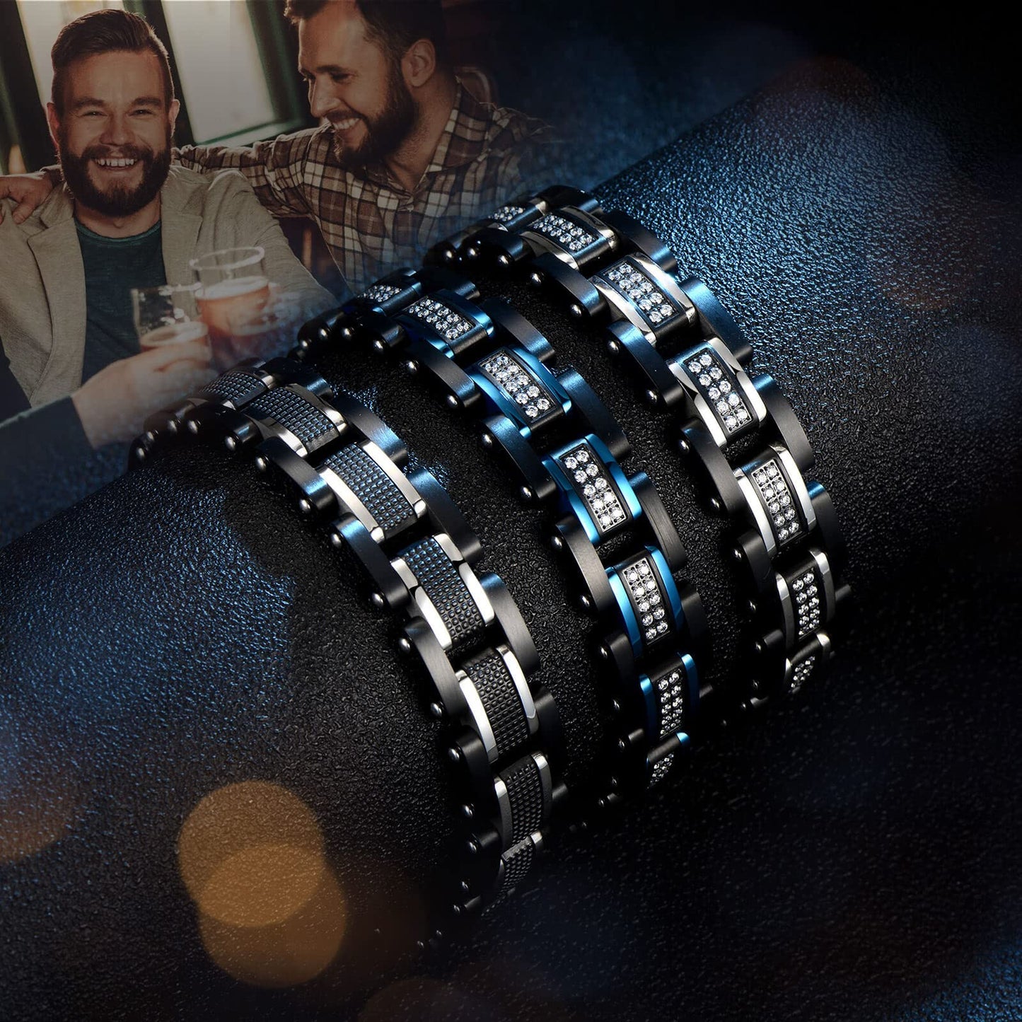 Ziallay Link initial bracelet hip hop jewel gift men Ms. Christmas birthday jewel gift boyfriend son fashion bracelet, diamond, double tone bracelet. (Silver black)