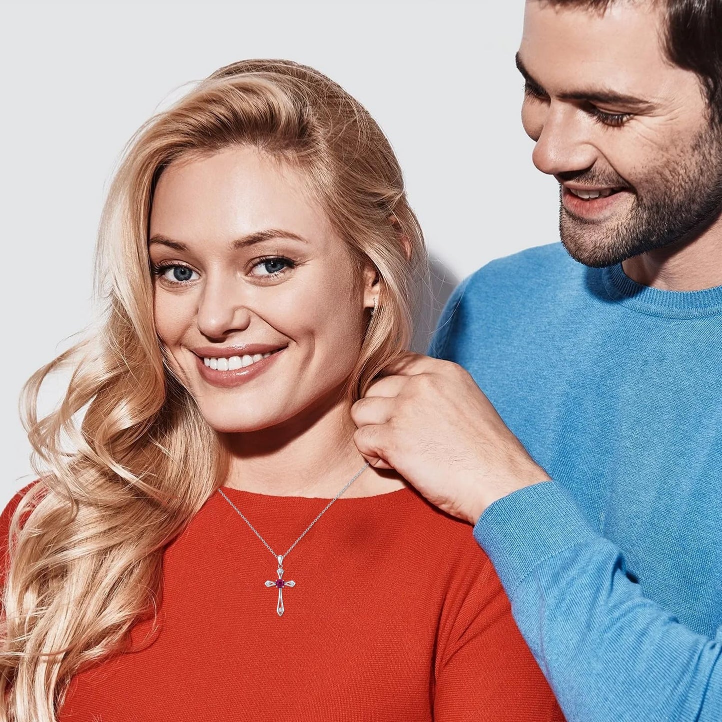 QUALISE Cross Necklace for Women,925 Sterling Silver July Birthstone Necklace Cross Pendant 5A CZ 12 Birth Months Birthstone Fine Ruby Jewelry Birthday Gifts for Her Wife Mom