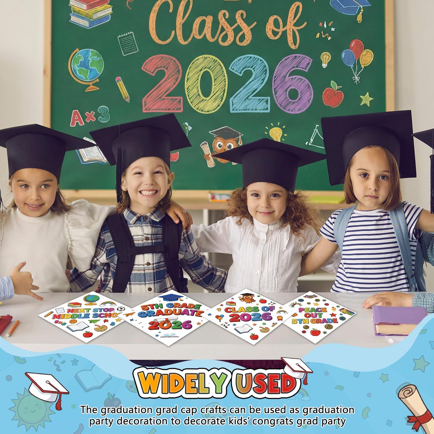 Sabary 24 Pcs 5th Grade Graduation Cap Stickers Kit 2026 Graduation Cap Topper Craft DIY Graduations Hat Decorations Stickers for Kids Classroom Crafts Activities Party Supplies