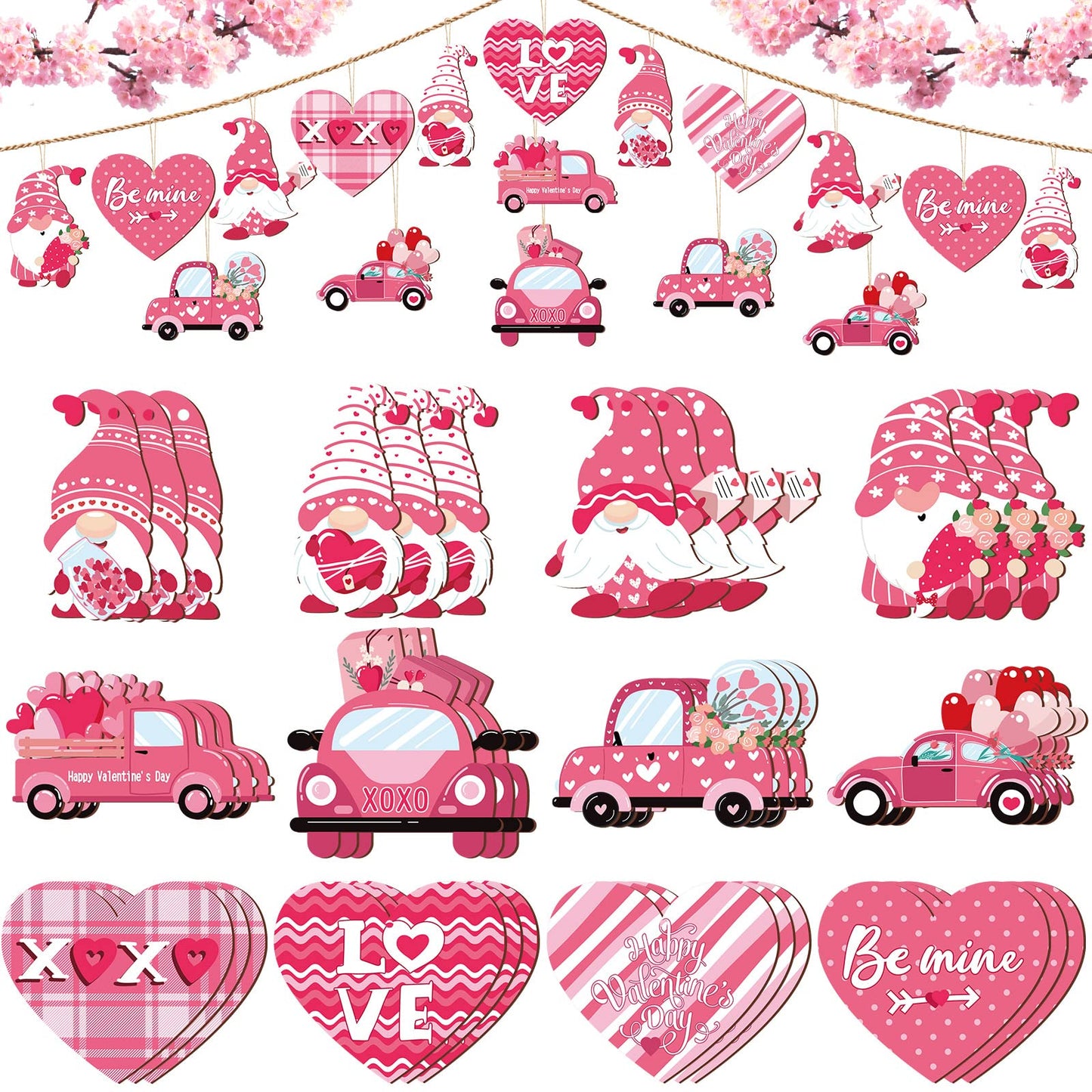 Qunclay 36 Pcs Valentine's Ornaments Valentines Wooden Hanging Gnome Ornaments Pink Romantic Wall Decor Pink Truck Decoration Pickup Truck Decoration for Anniversary