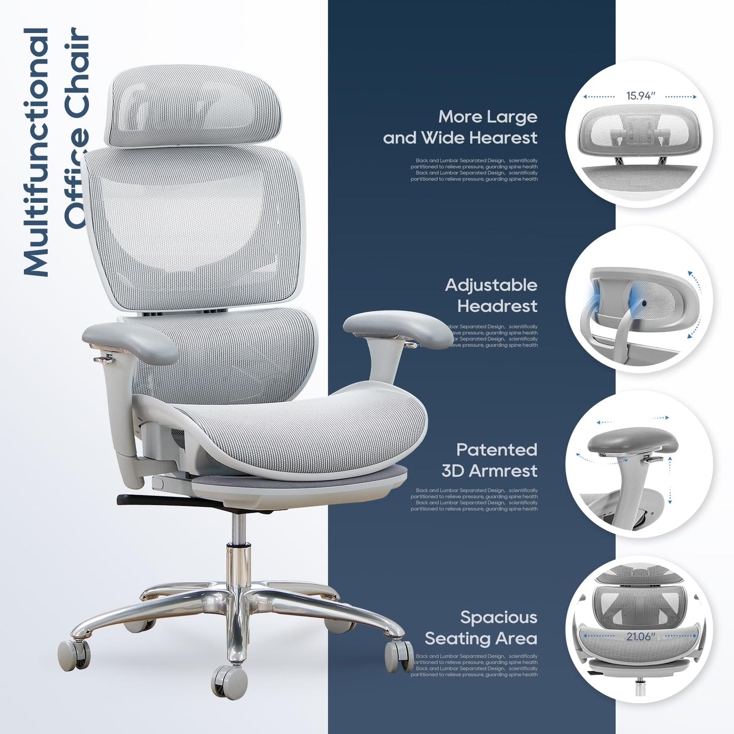 COLAMY Ergonomic Mesh Office Chair, High Back Desk Chair with Footrest, Adjustable Headrest and 3D Arms, Fixed Tilt Lock, Lumbar Support, Breathable Mesh Computer Chair for Home Office - Grey