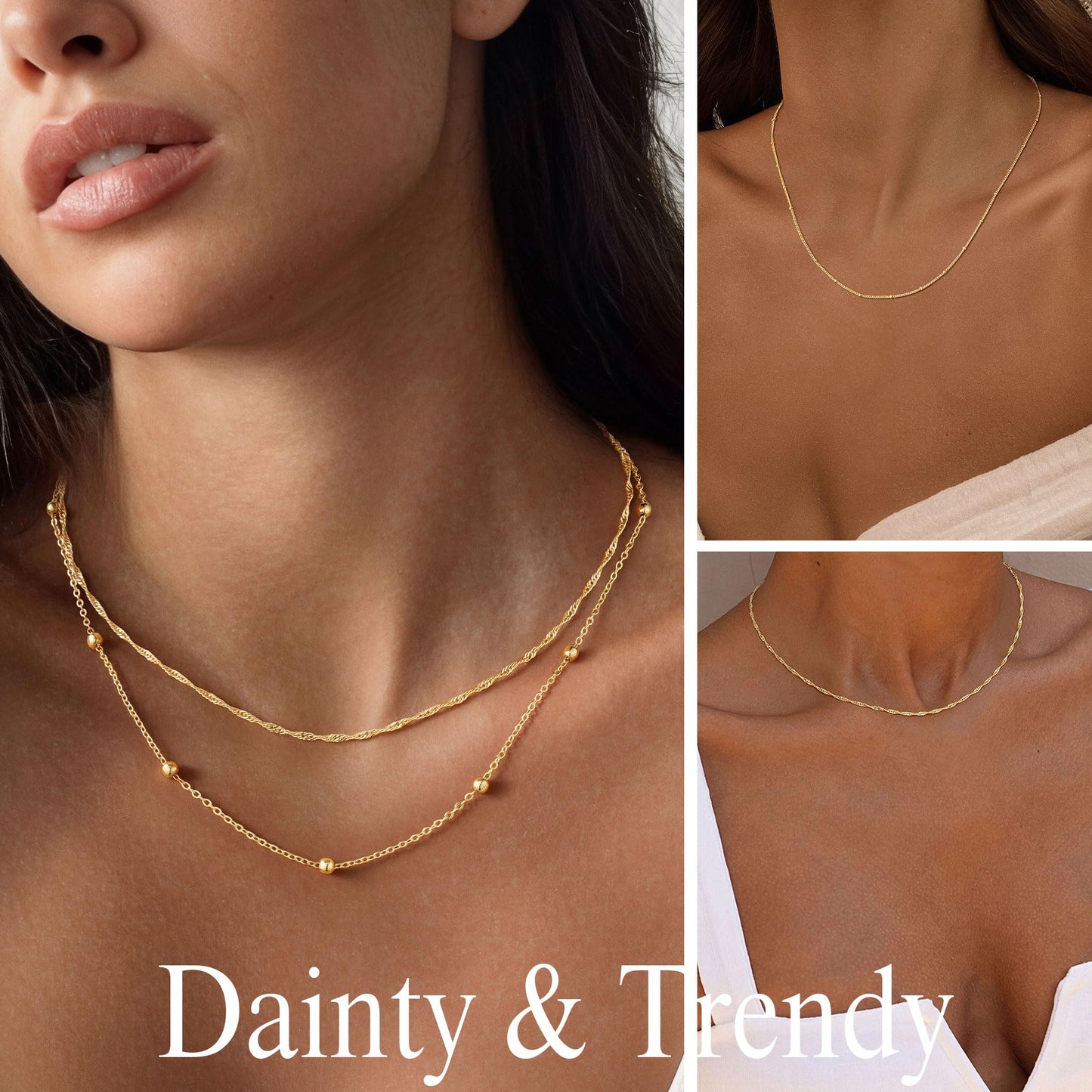 Yoosteel Layered 14k Gold Plated Necklace for Women,Dainty Ball Link Simple Thin Satellite Chain Wave Choker Necklaces Set Stack Trendy Jewelry Gifts for Women
