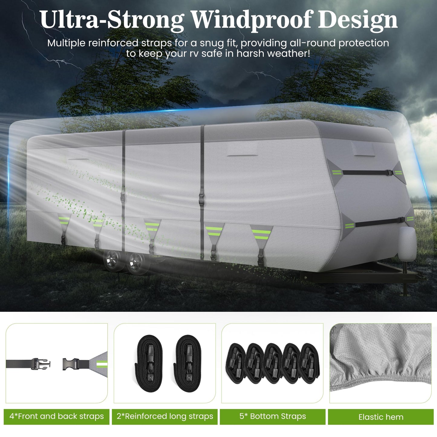 ACTFLAME Travel Trailer Cover, Waterproof RV Cover Non-Woven Fabric with Anti-UV, Extra Windproof Straps (Fits 27-30FT)