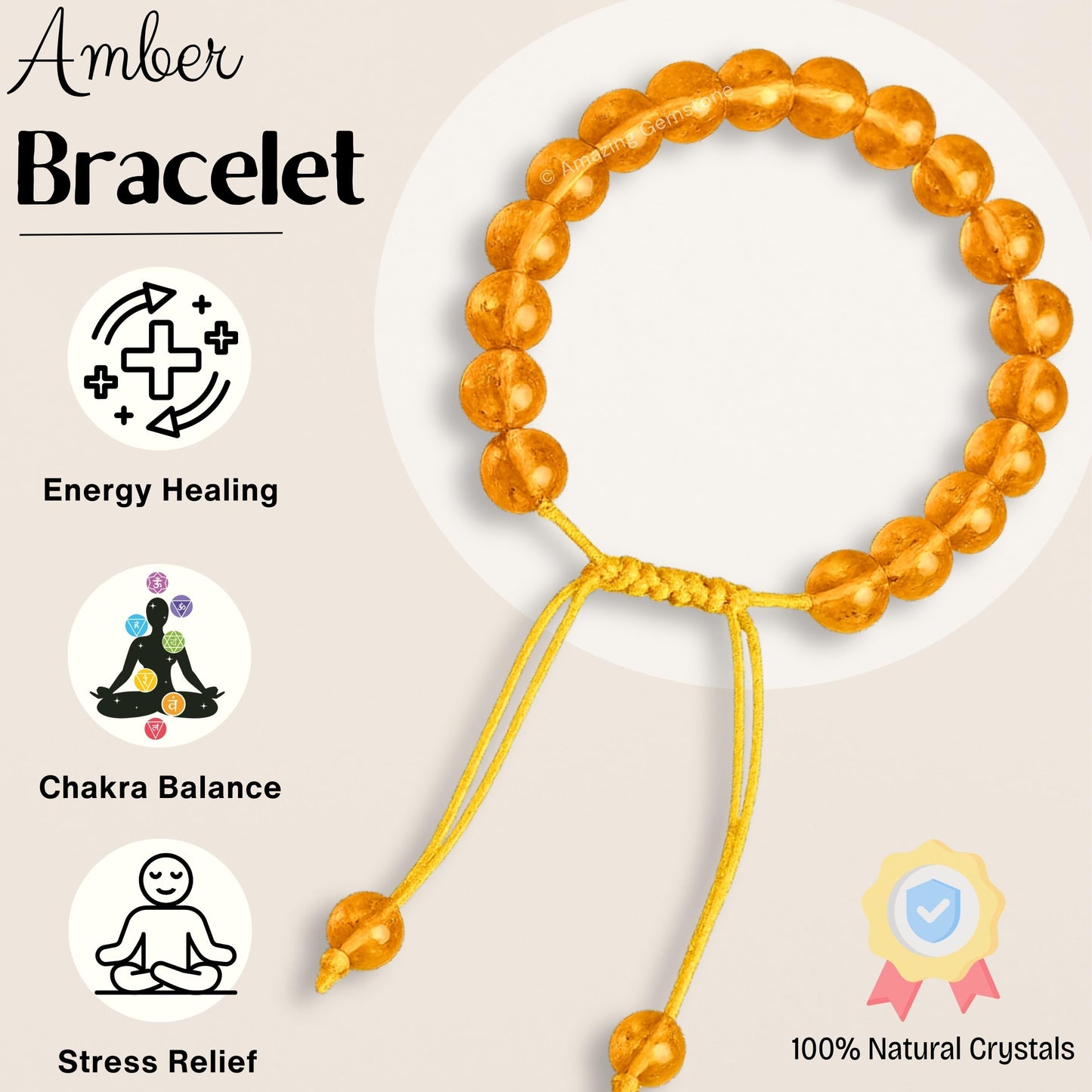 Amazing Gemstone Amber Quartz Bracelet for Women Men's Gifts - Protection Healing Crystal Bracelet - 8mm Gemstone Beaded Adjustable Bracelet Pulseras Para Hombres Mujer Stocking Stuffers