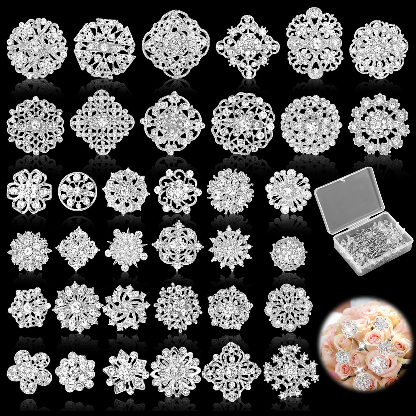 AOZUO 136 Pcs Clear Crystal Brooches for Women, Crystal Flower Brooch Pins with Rhinestones Bulk Brooches Jewelry Rhinestone Embellishments for DIY Jewelry Crafting Sewing Wedding Hair Decoration