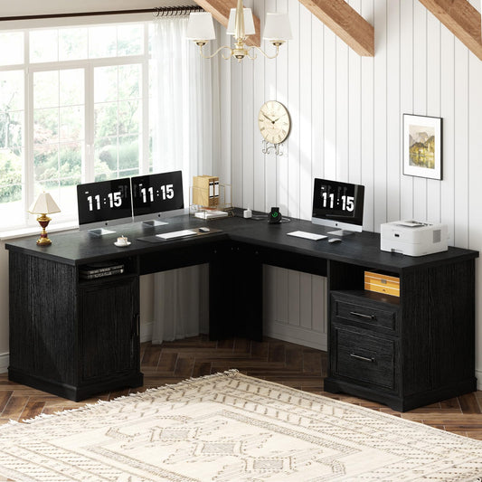 Unikito Farmhouse L Shaped Executive Desk with File Drawers, 60" Corner Computer Desk with Power Outlets, Large 2 Person Home Office Table with Storage Cabinet, Sturdy Writing Desk, Black