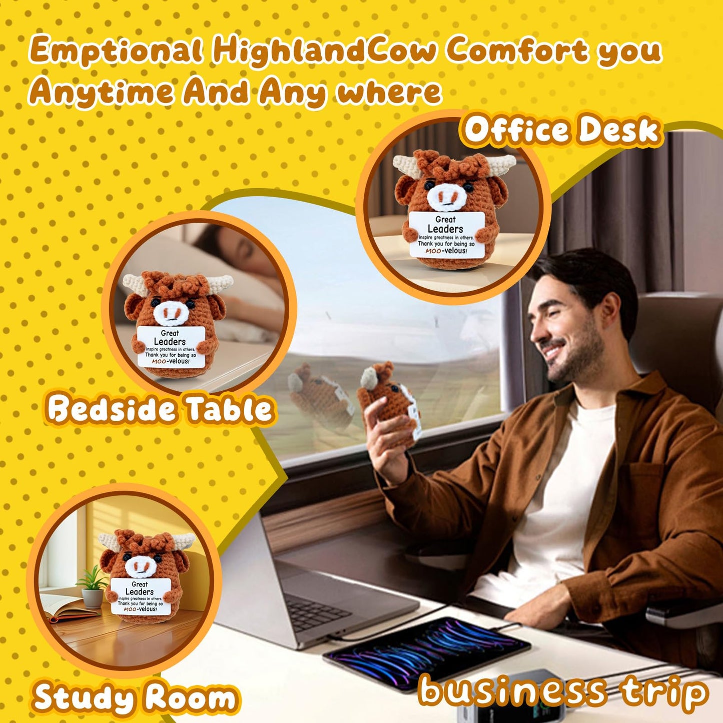 Roqei Handmade Crochet Highland Cow Boss Gift - Motivational Thank You Gift for Men & Women Managers Supervisors | Cute Office Desk Decor for Bosses Day, Birthday, Promotion, Christmas Appreciation