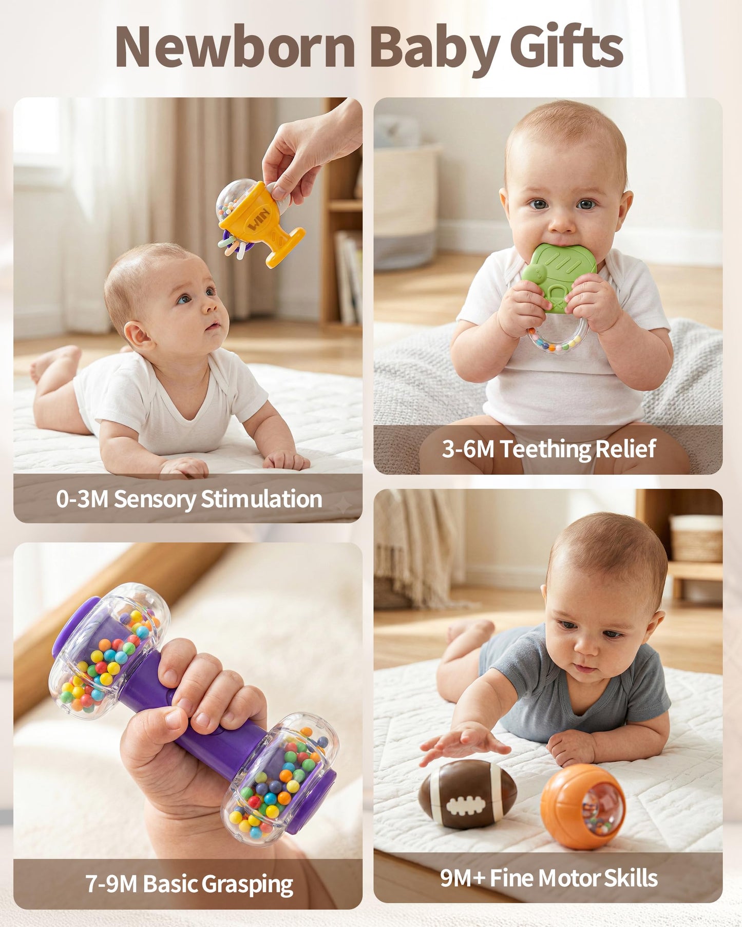 STACTCUTE 11 Pcs Baby Rattles Teether Toys Set, Sports Themed Gym Toy Bag for Infants 0-6 6-12 Months, Dumbbell & Ball Sensory Teething Toys, Newborn Boy Stuff 1st Birthday Shower Gifts