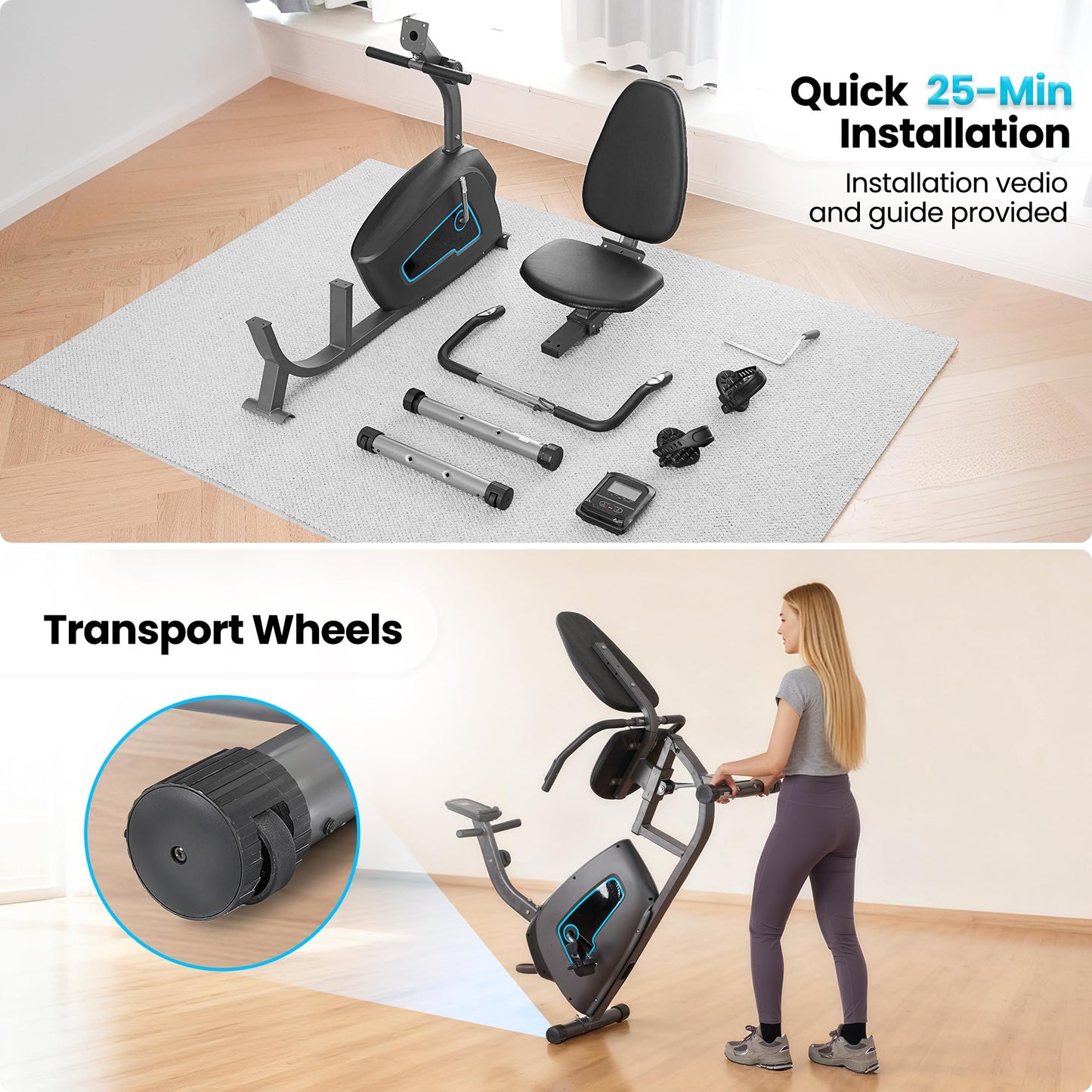 oCuZen Recumbent Exercise Bike for Home, Recumbent Stationary Bike for Adults & Seniors with 8-Level Magnetic Resistance, Adjustable Seat, Heart Rate Handle & LCD Display, 300LB Capacity