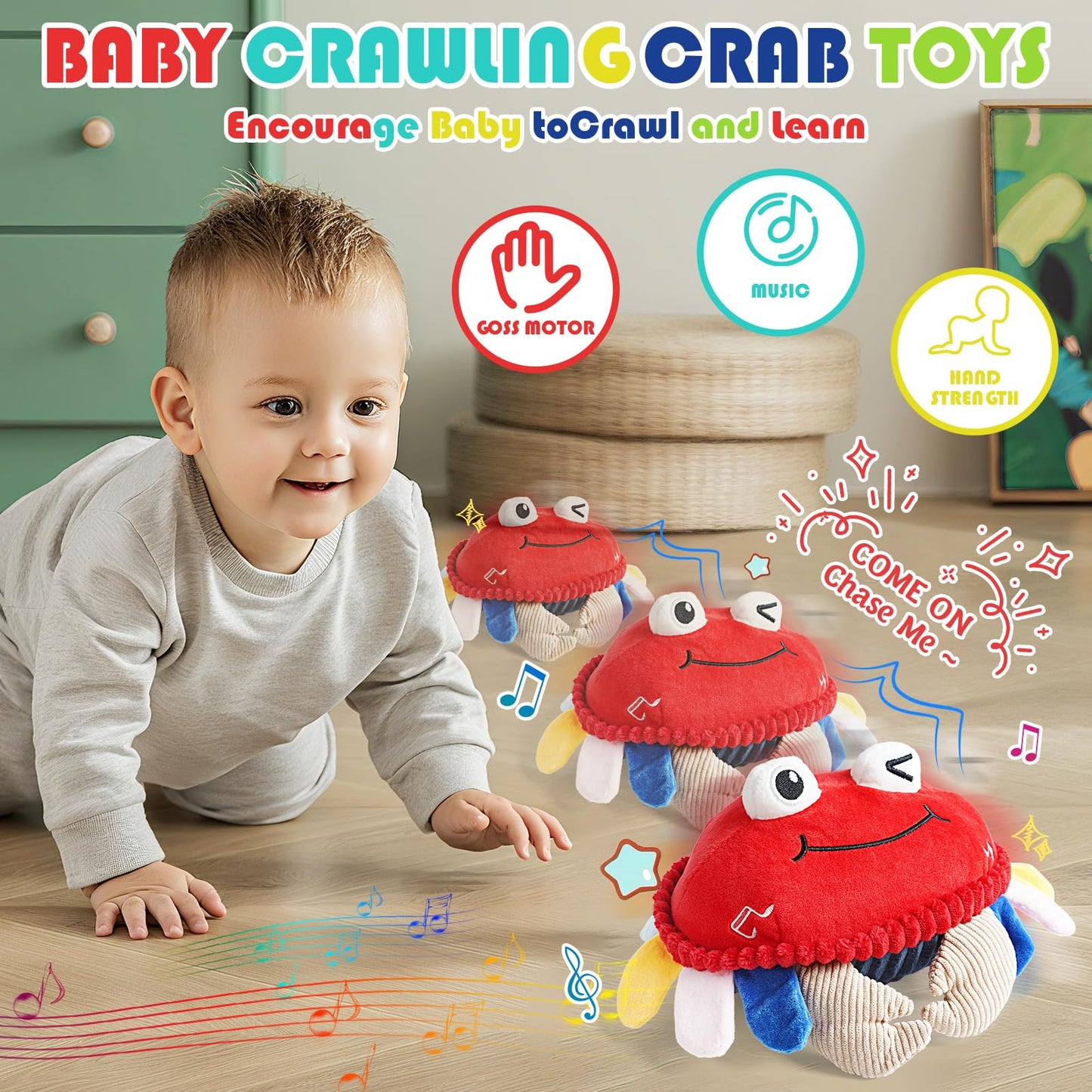 YideOtmz Baby Toys 18 Months - Crawling Crab Tummy Time Toy with Musical Dancing Walking Bouncing Learning, Toddler Sensory Travel Toys for Boys & Girls, Birthday Gifts
