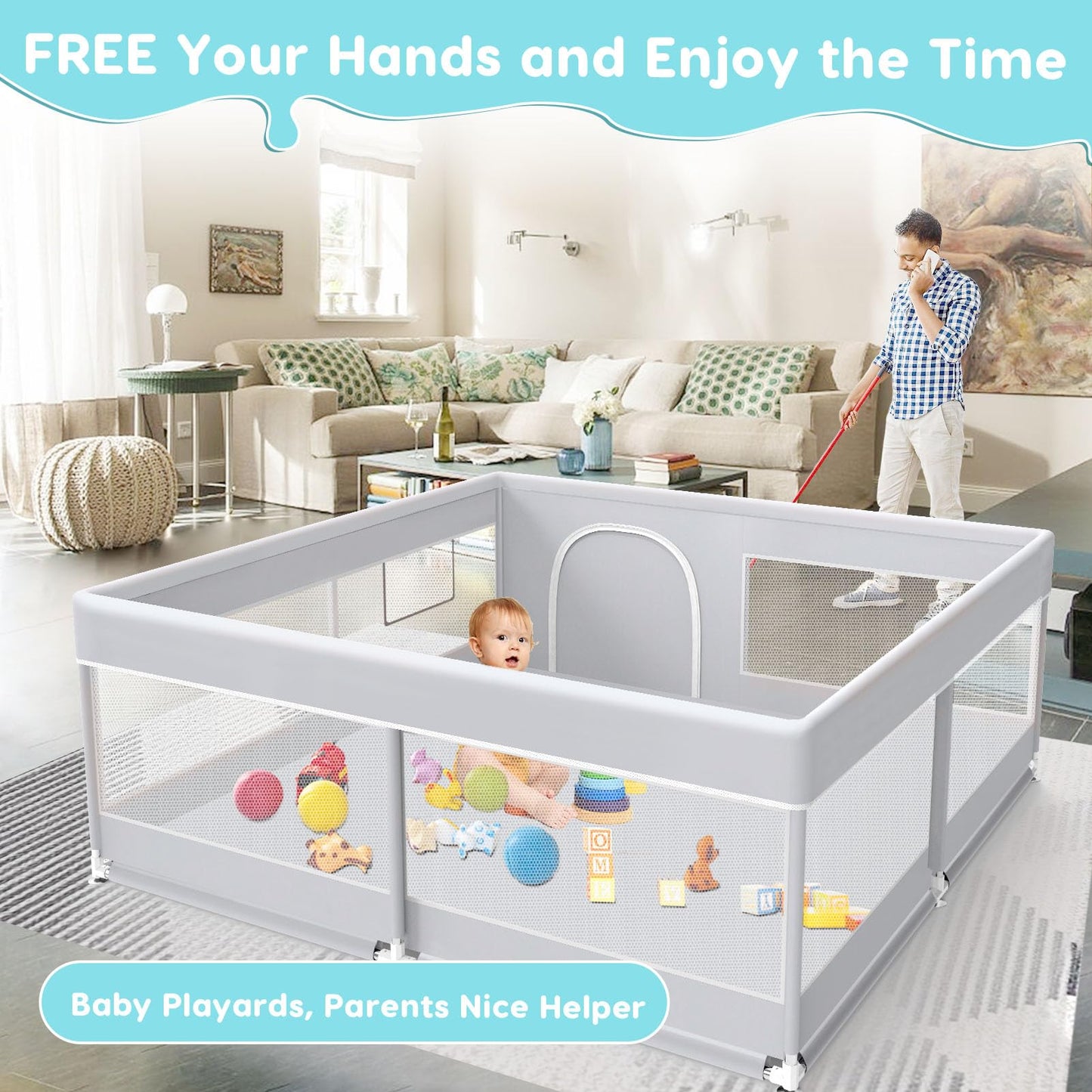 Fshibila Baby Playpen, 50x50 Inch Baby Playard for Babies and Toddlers, Play Pens for Indoor & Outdoor, Sturdy Safety Play Yard with Soft Breathable Mesh, Anti-Fall, Grey