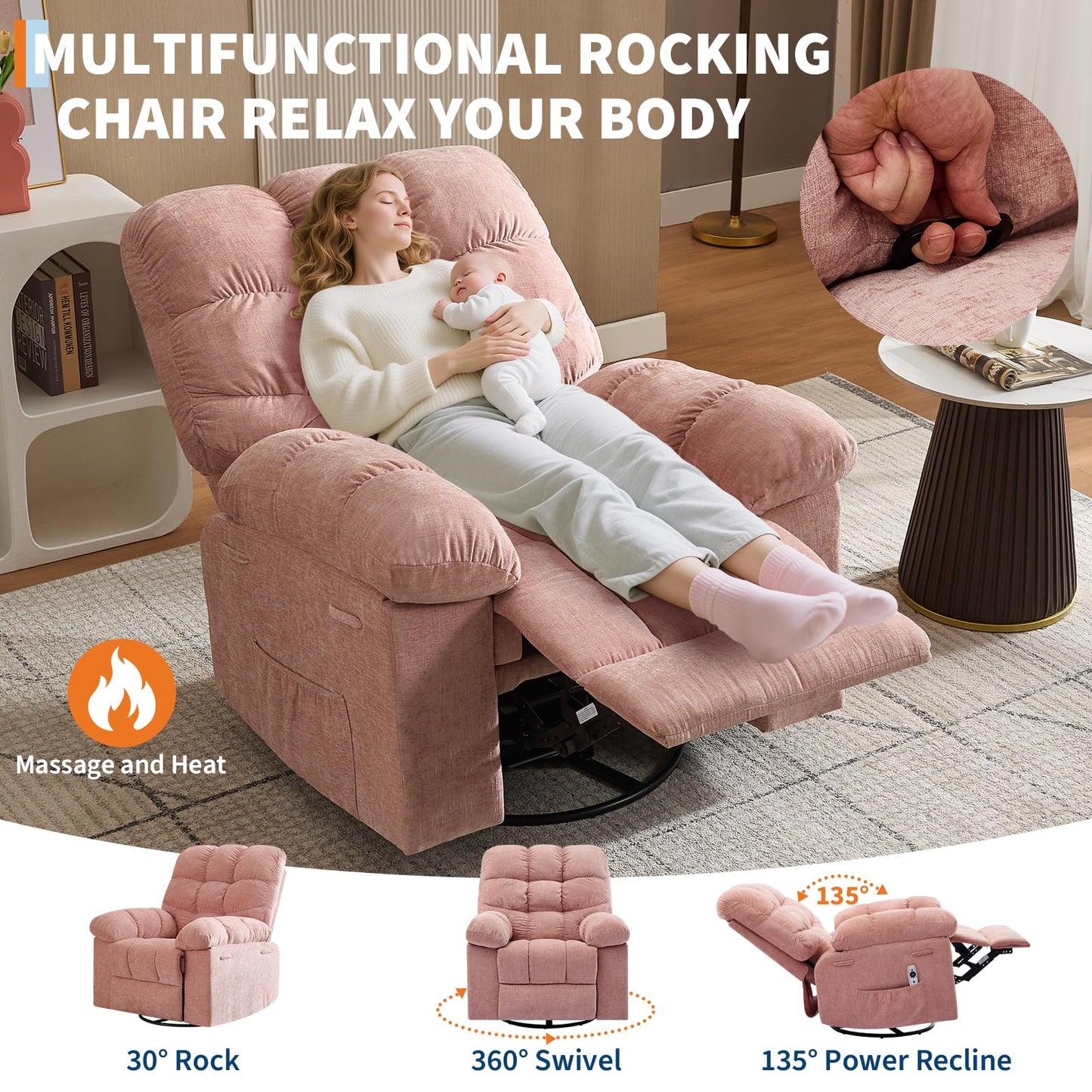 Garvee Rocking Recliner Chairs,Massage Recliner Chair with Vibration Massage and Heat,360° Swivel Rocking Recliner Chair with Side Pockets Cup Holders,for Living Room,Bedroom,Home Theater