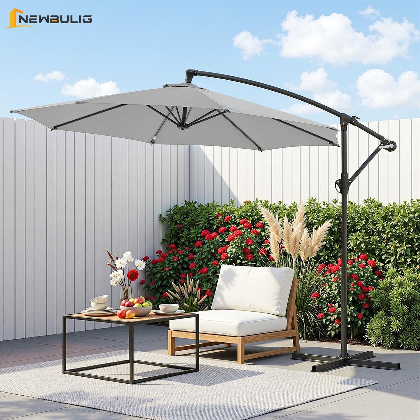 NEWBULIG 10FT Patio Umbrella, Offset Cantilever Outdoor Patio Table Umbrella, UV Protection, Fade Resistant Fabric, Easy Tilt Adjustment for Pool, Deck, Garden, Backyard, Gray