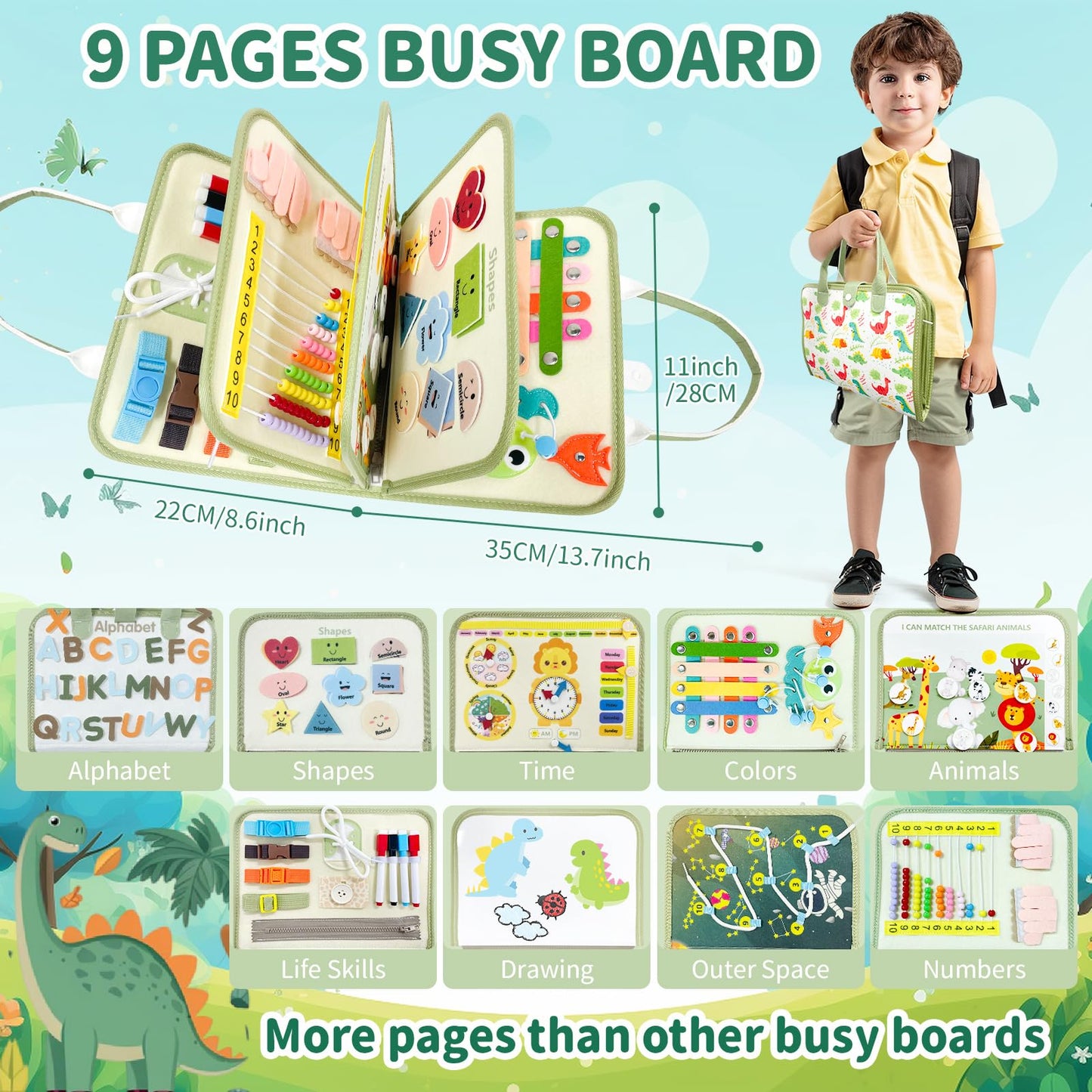 Aurasys Toddler Busy Board - Montessori Busy Book Travel Toys Sensory Board Educational Activity Book for Learning Fine Motor Skills, Gifts for Girls Boys Toddler