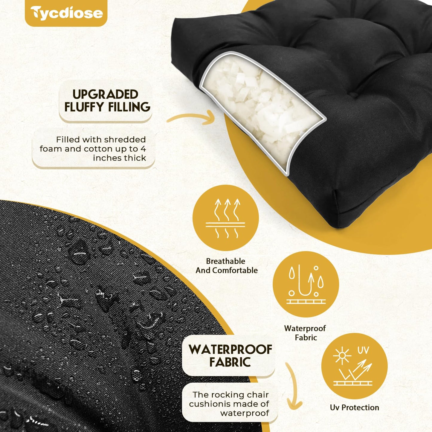 Tycdiose All Weather Wicker Chair Cushions of 3 Pieces, Waterproof Outdoor Wicker Chair Cushion for Patio Furniture Loveseat Settee Bench, 1 Loveseat and 2 U-Shaped Thickened Cushions, Black
