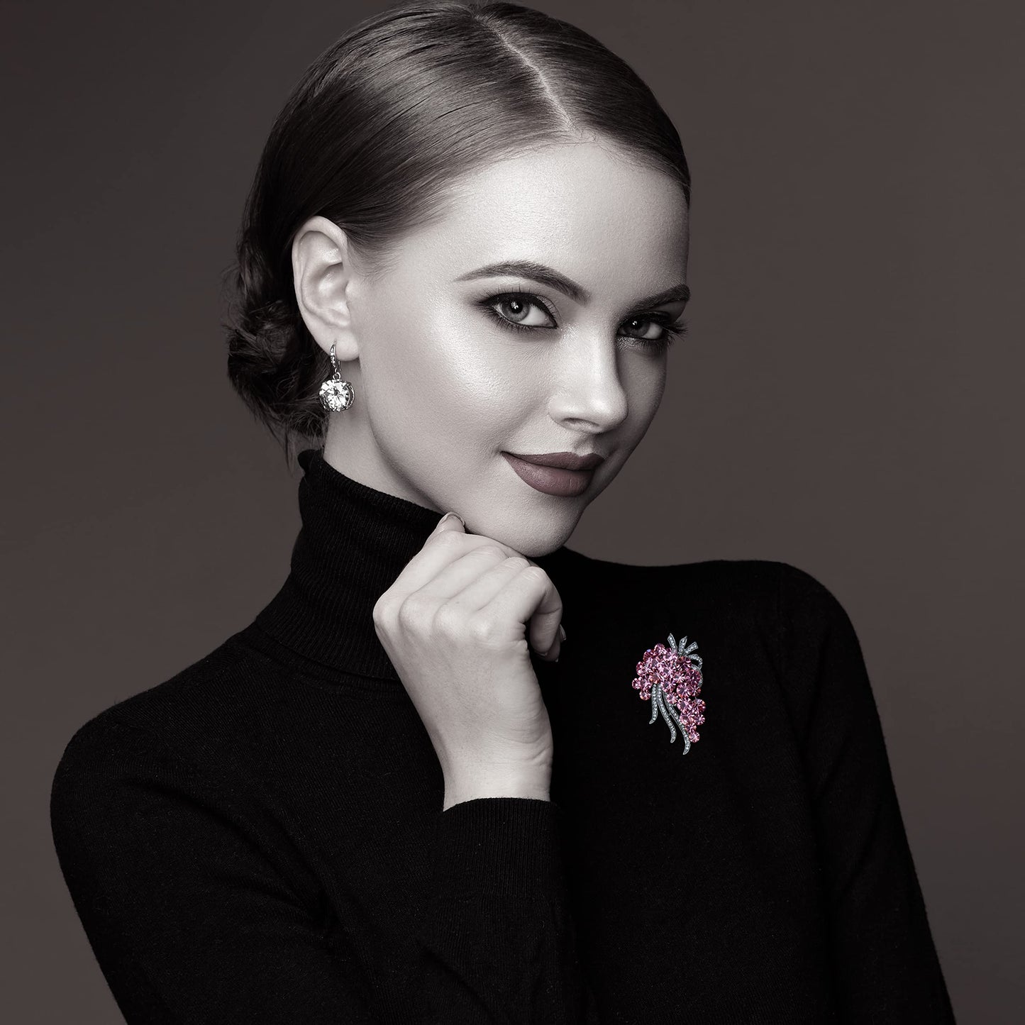 SinglinArt Brooches for Women Girls Pink Flower Rhinestone Crystal Jewelry