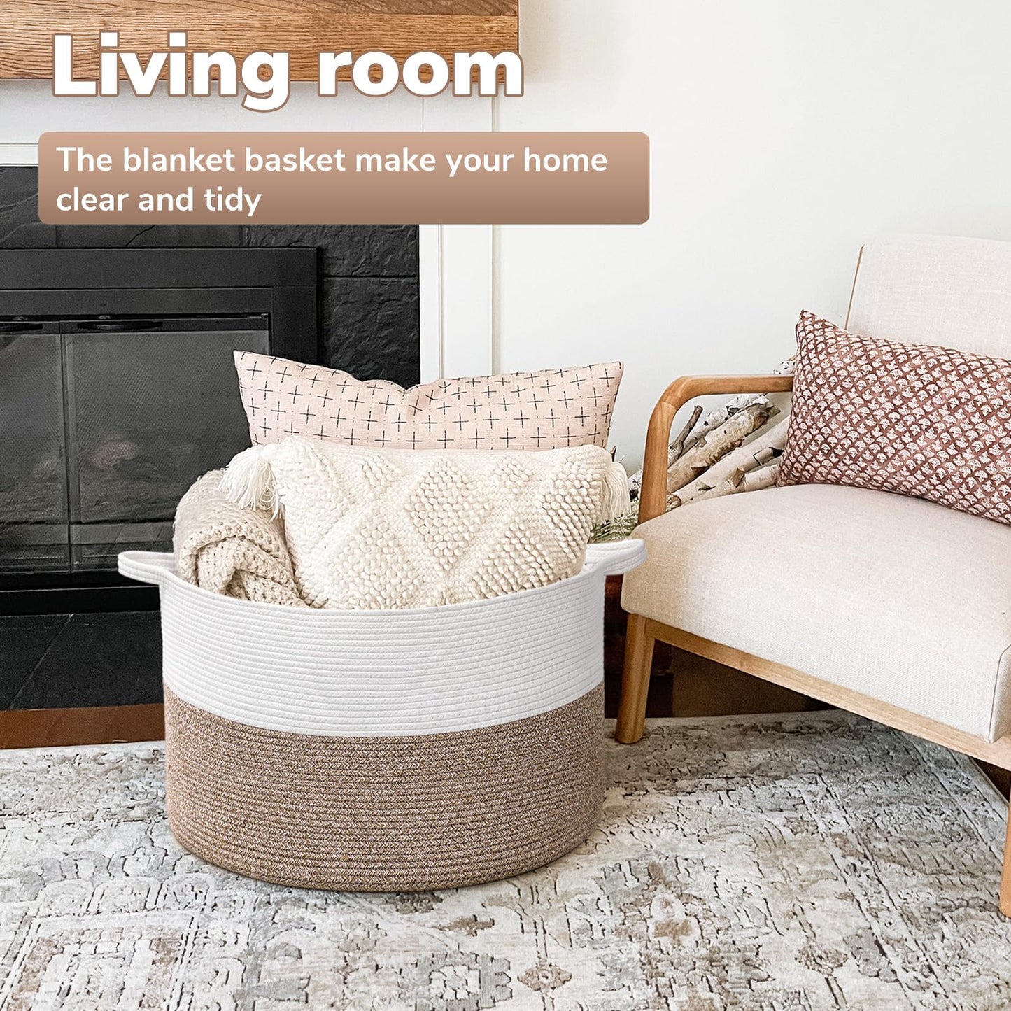 Goodpick Large Storage Basket, 83L Dorm Room Essentials, Blanket Woven Rope Basket for Living Room, Baby Blanket Storage, 21.7 x 13.8 inches