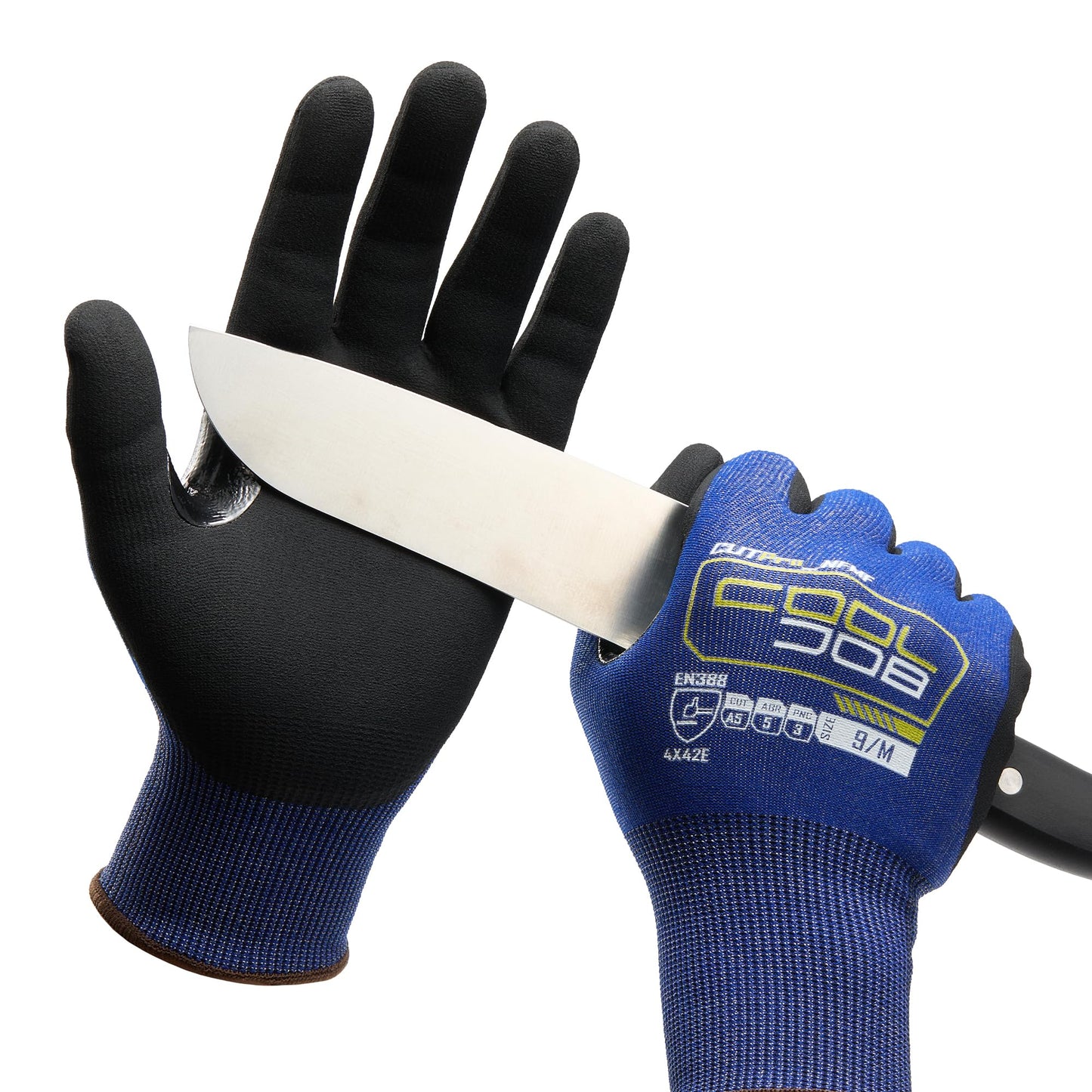 COOLJOB A5 Fiberglass Free Cut Resistant Gloves for Men, Touchscreen Safety Work Gloves with Grip Nitrile Coated, No PFAS, Non Slip, Soft & Durable, for Carving, Glass Handling, Blue Xlarge 1 Pair