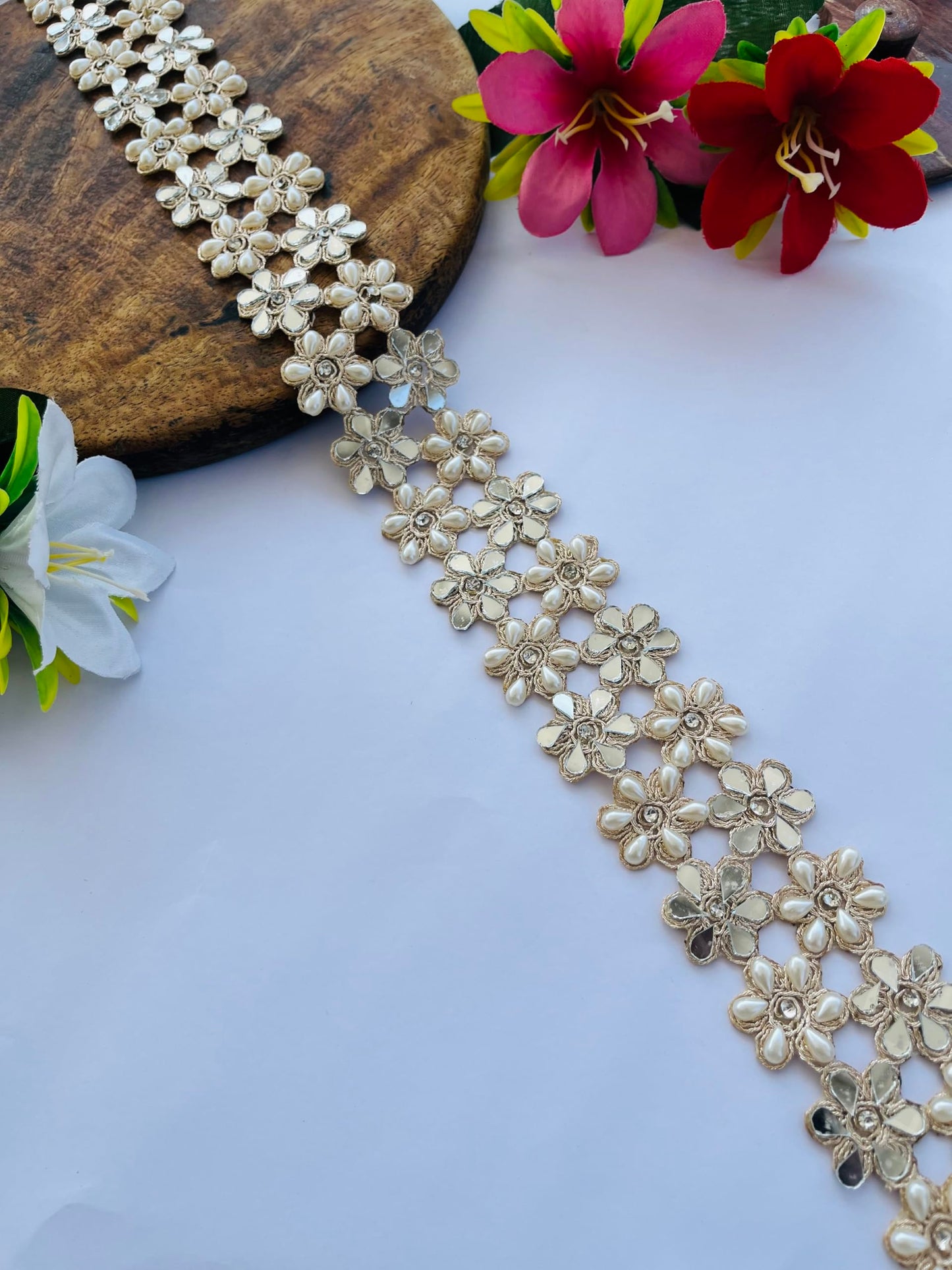 PIYUCRAFTS 1.5 Inch Mirror Pearls Flower Design Trim – Available in 1, 3, 6 Yards – Decorative Lace Border for Sarees, Dresses, DIY Crafts, Wedding Decor, Home Embellishment (1)