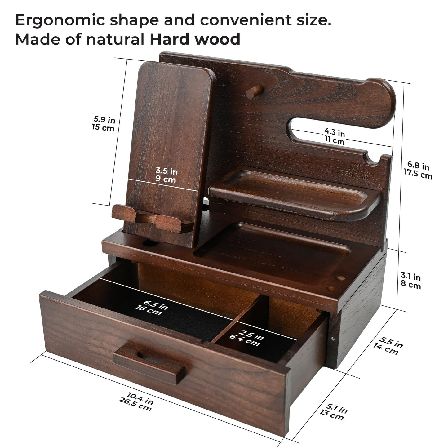 TESLYAR Wood Phone Docking Station with Drawer - Nightstand Organizer - Desk Organizer for Husband - Birthday Gifts for Men, Dad, Anniversary, Key Holder Stand Watch, Accessories (Chocolate Brown)