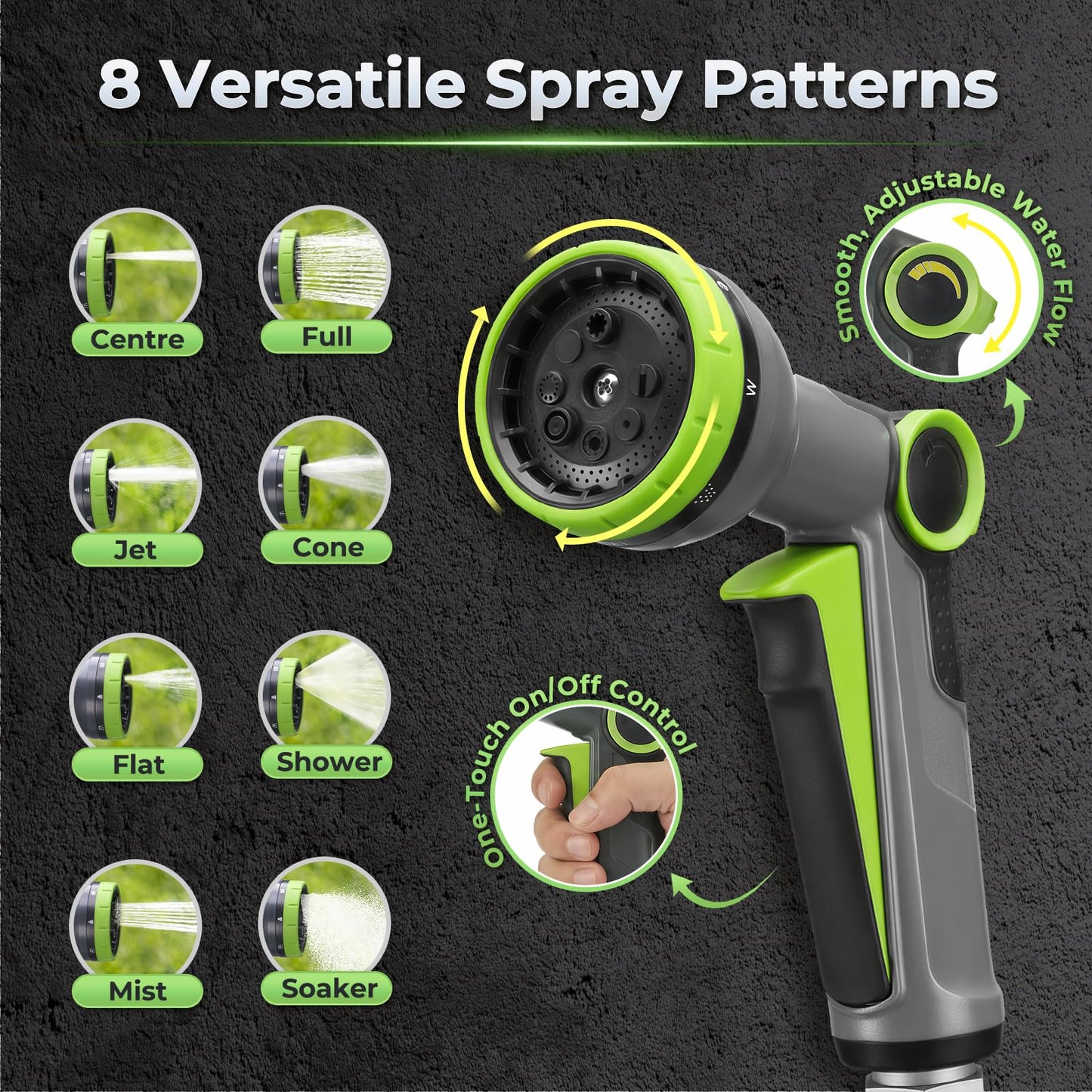 Garden Hose 50 FT with 8-Pattern Spray Nozzle, Flexible Garden Hose 5/8 Inch Food-Grade Rubber Hybrid Water Hose for Outside, Kink-Resistant Outdoor Hose