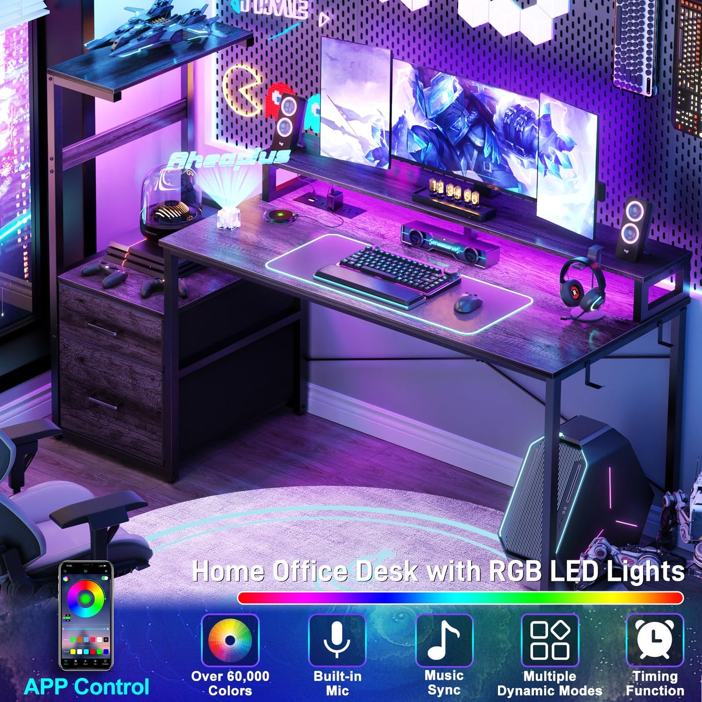 Aheaplus Gaming Desk with LED Strip & Power Outlet, 59Inch Reversible Computer Desk with Monitor Stand & Storage Shelves, Home Office Desks with Fabric File Drawer, Gamer Table PC Desk, Black Oak