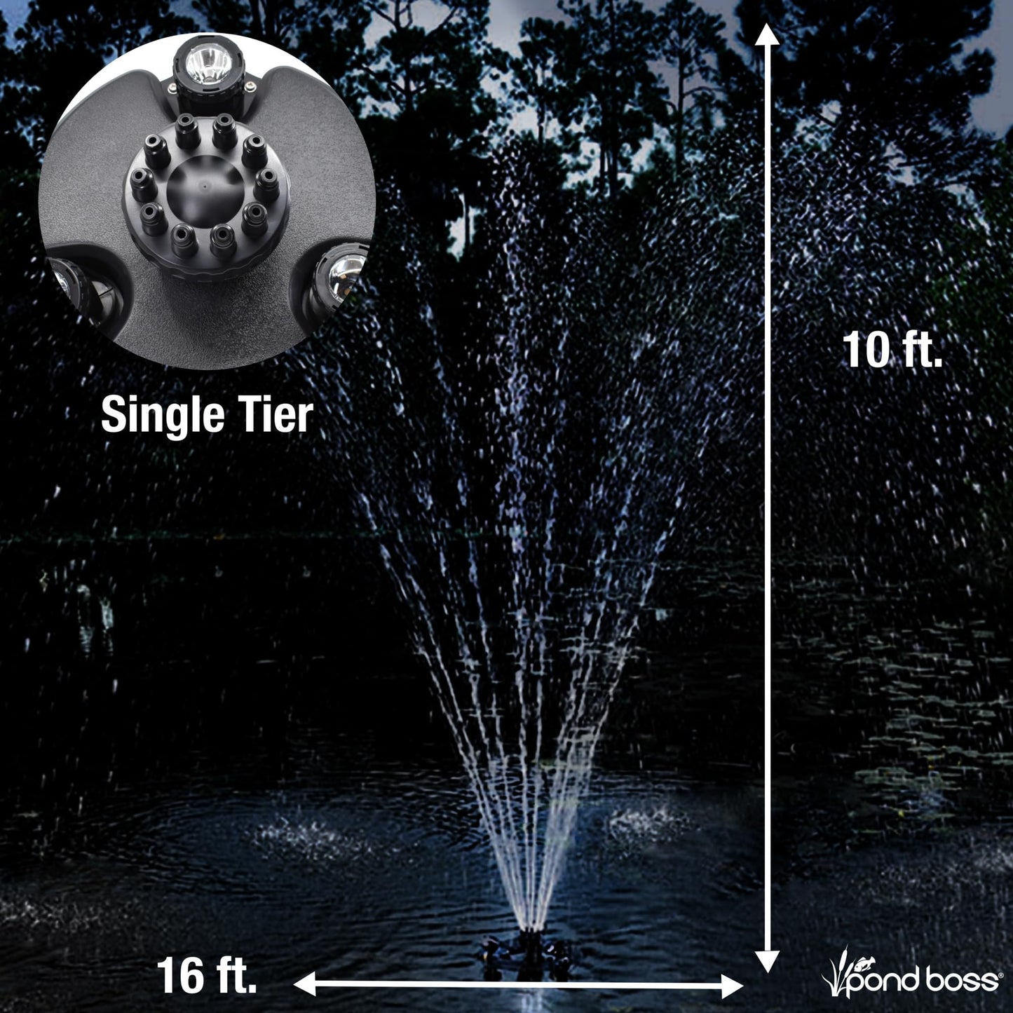 Pond Boss DFTN12003L Floating Fountain With Lights, 50 Foot Power Cord, 1/4 hp