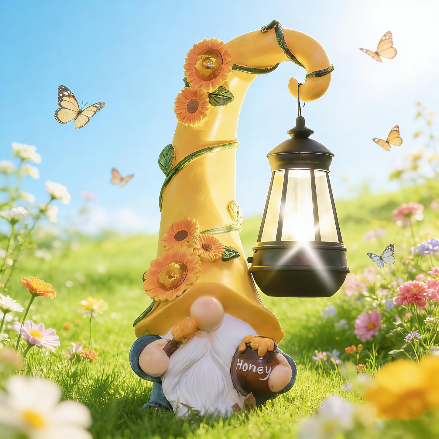 twinbling Garden Gnome Statue with Solar Lights Large Garden Sculptures Funny Bee Gnome Outdoor Patio Lawn Yard Garden Decor Birthday Gifts for Women Mom 12 in Summer Gnomes Outdoor