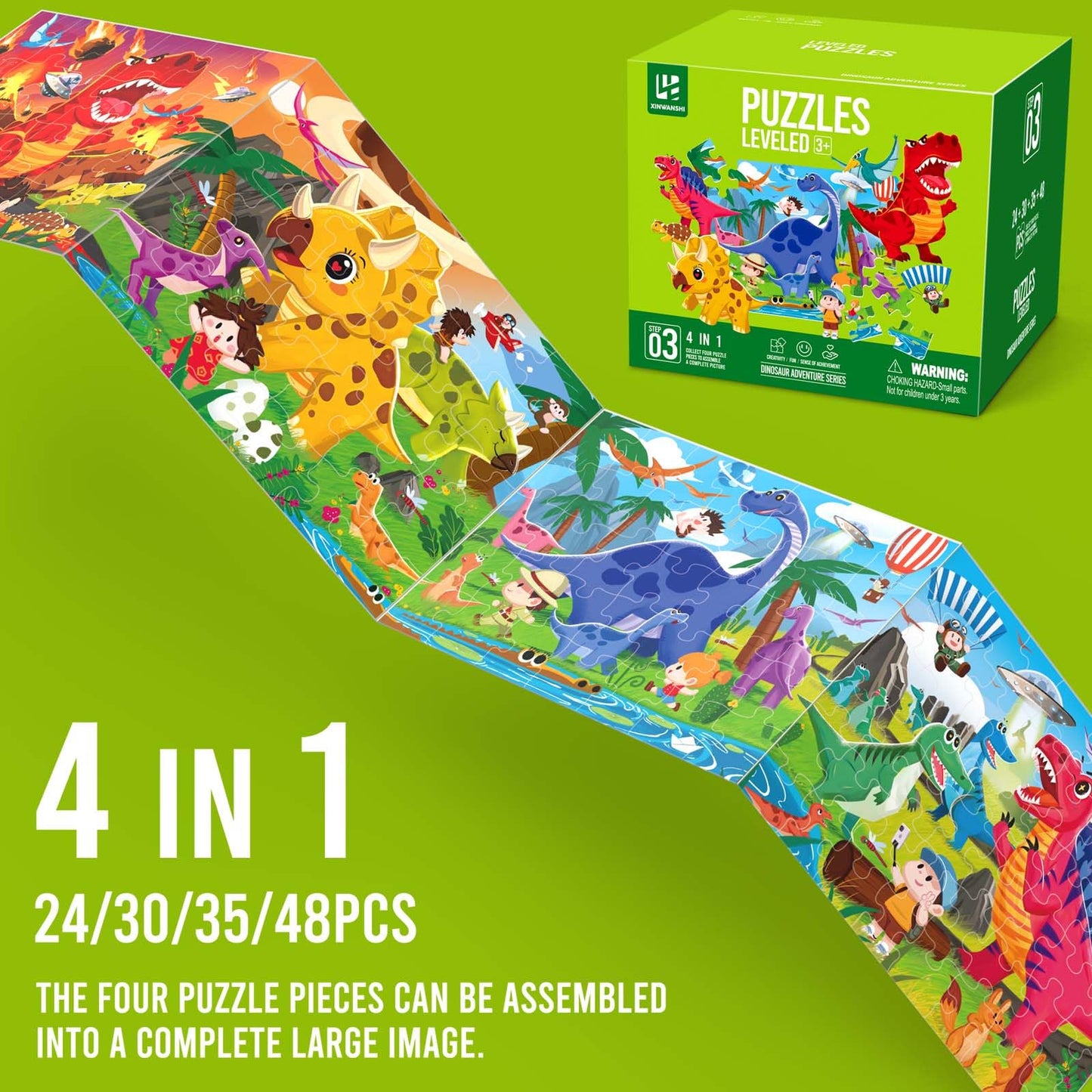 Dinosaur Puzzles for Kids Ages 3-8，4 Pack Progressive Jigsaw Puzzles (24/30/35/48 Pieces) for Toddlers & Children，Educational Floor Puzzles for Gifts