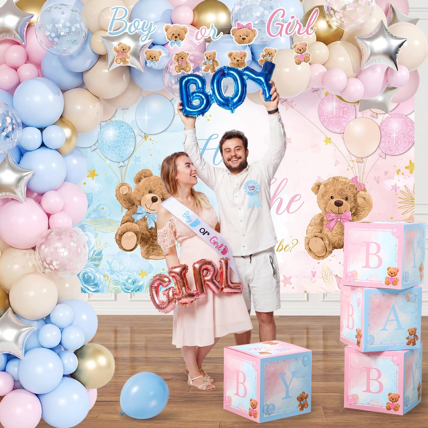 Duraaamo 207Pcs Bear Gender Reveal Party Decorations Boy or Girl Pack, Bear Balloon Kit with Backdrop Banner, Tablecloth, Balloon Boxes, Cupcake Stand, Sash, Pin for Baby Shower Gender Reveal Supplies