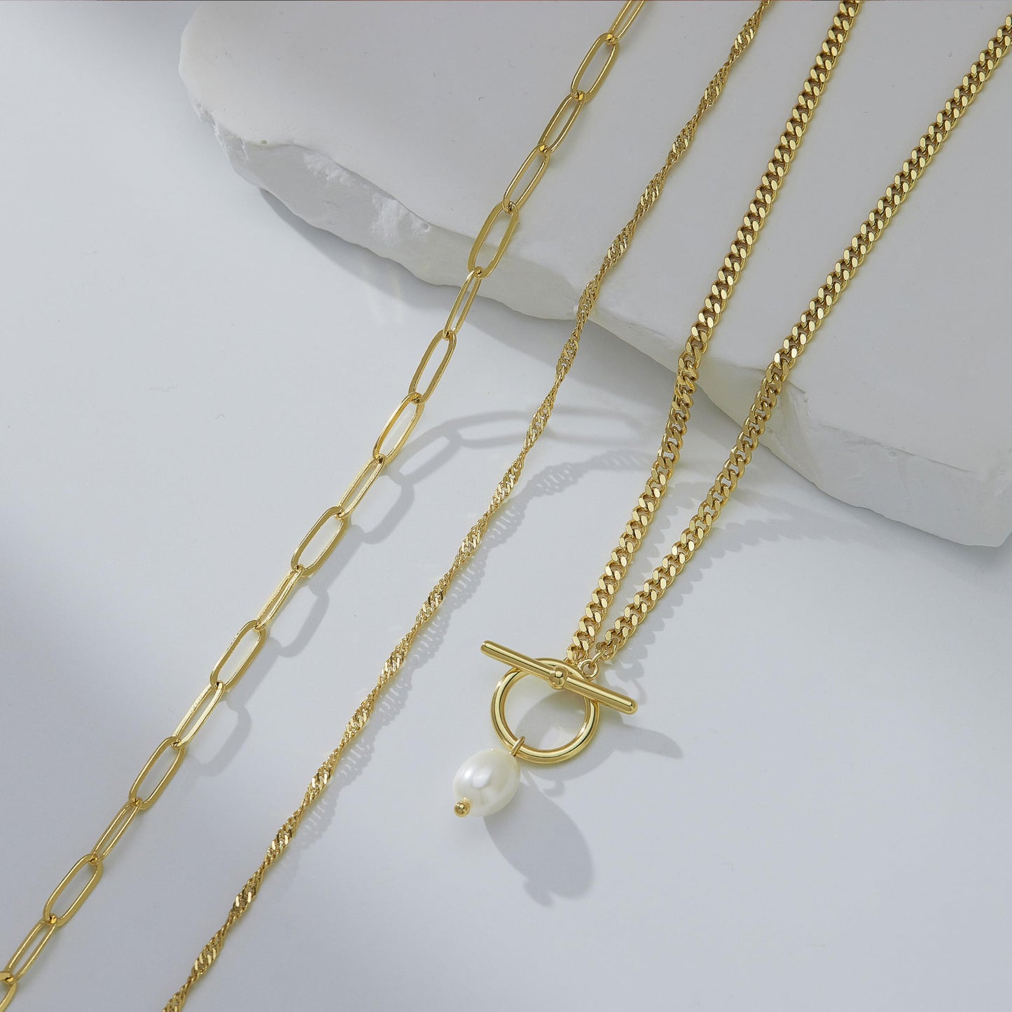 Layered Gold Pearl Pendant Toggle Necklaces for Women Dainty 14K Gold Plated Stack Trendy Choker Paperclip Necklace Simple Toggle Pearl Chain Twist Rope Chain Jewelry Set Gifts for Women