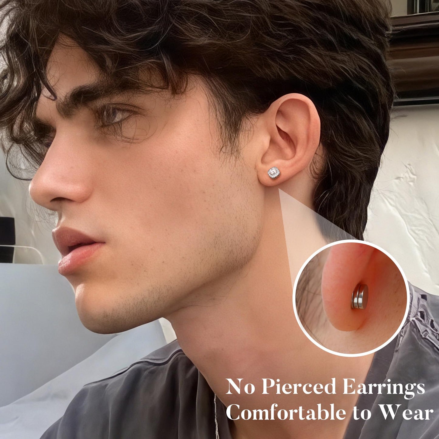 GEMQUEEN Moissanite Magnetic Earrings for Men : 18K White Gold Plated Hypoallergenic Stainless Steel Non Piercing Clip on Fake Earrings Studs Halo Square Diamonique Earring Women D Color VVS1 5MM