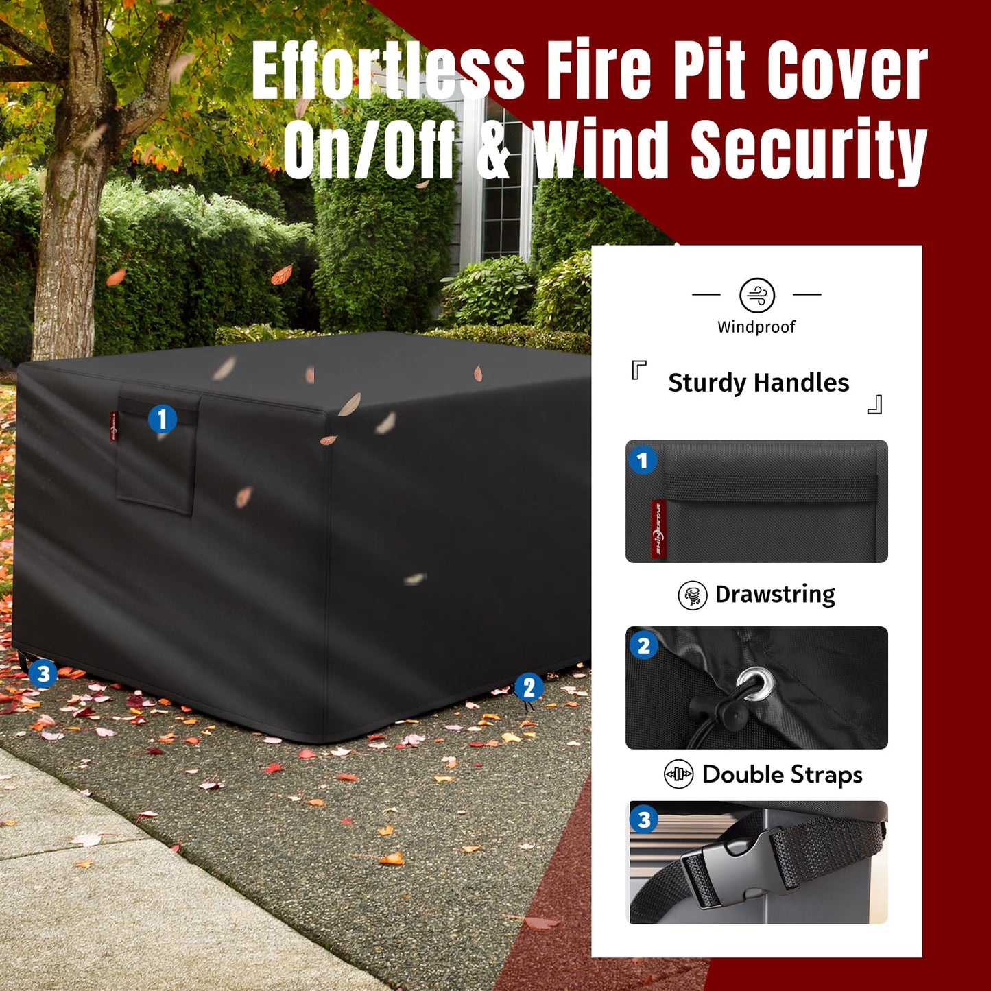 SHINESTAR Fire Pit Cover Rectangular for 44-48 Inch Fire Pit Table，Heavy-Duty Ripstop & Waterproof, with Windproof Drawstring and Buckles, 48 x 28 x 24 Inches