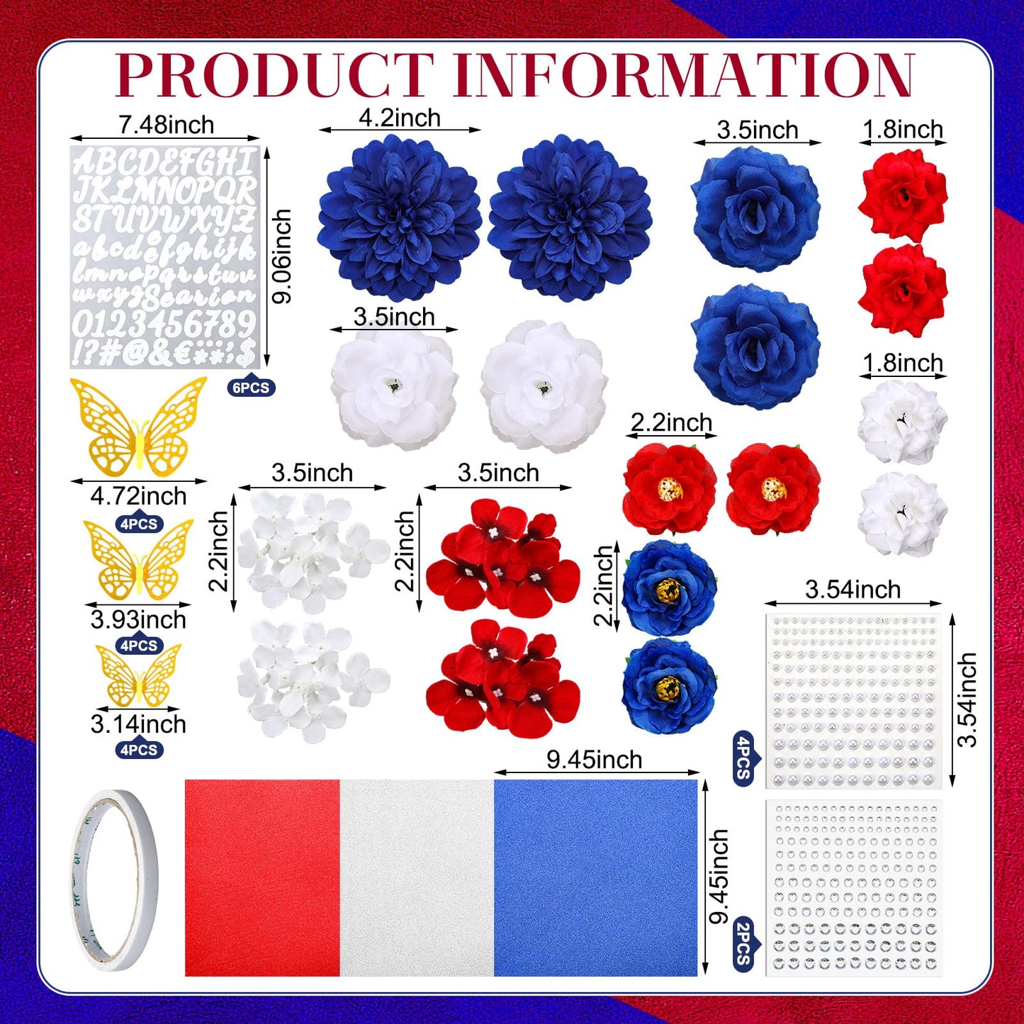 FineCheer 46 Pcs DIY Graduation Cap Decoration Kit Red White Blue Puerto Rico Flower 3D Butterfly Rhinestone Pearl Letter Sticker Glitter Paper for Dominican Republic 2026 Grad Hat Topper Party Decor
