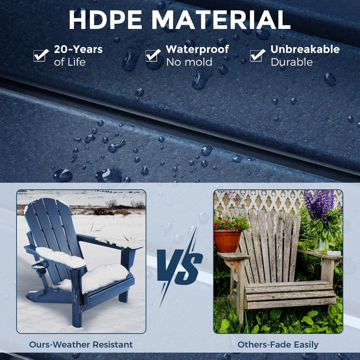 Magpie Fabrics Foldable Adirondack Chair with Cup Holder, HDPE Weather Resistant Oversize Outdoor Chair, Widely Used in Patio, Fire Pit, Deck, Porch, Garden, Campfire (Navy Blue)