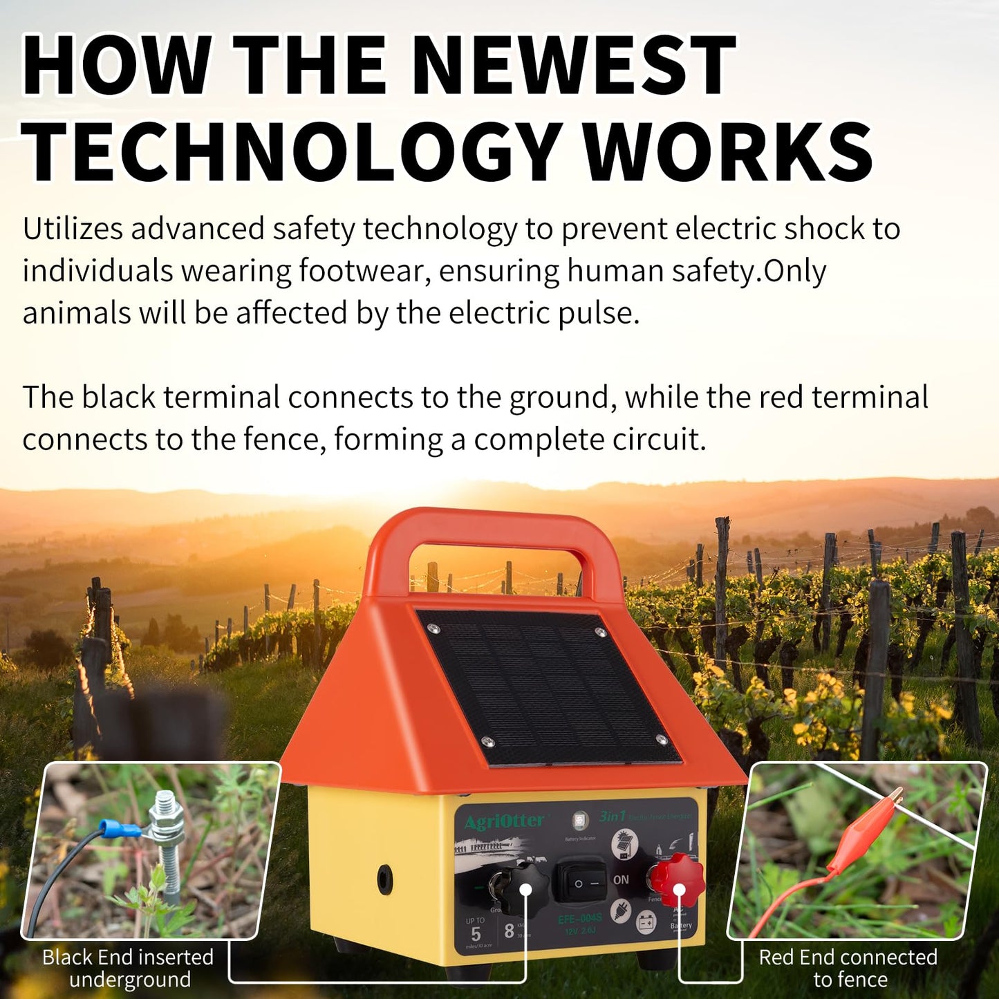 24 Hour Solar Electric Fence Charger,3-in-1 Electric Fence Charger,20 Miles,Solar/BatteryAC Powered Waterproof Design for Livestock Wildlife Control & Property Protection