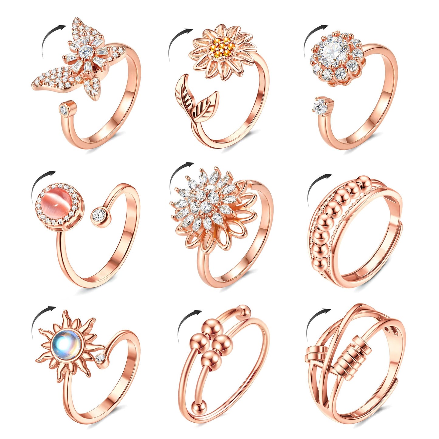 MILACOLATO 14K Gold Plated Fidget Ring for Women Adjustable Anxiety Rings Open CZ Butterfly Sunflower Bead Spinner Rings for Anxiety Stress Relief RG