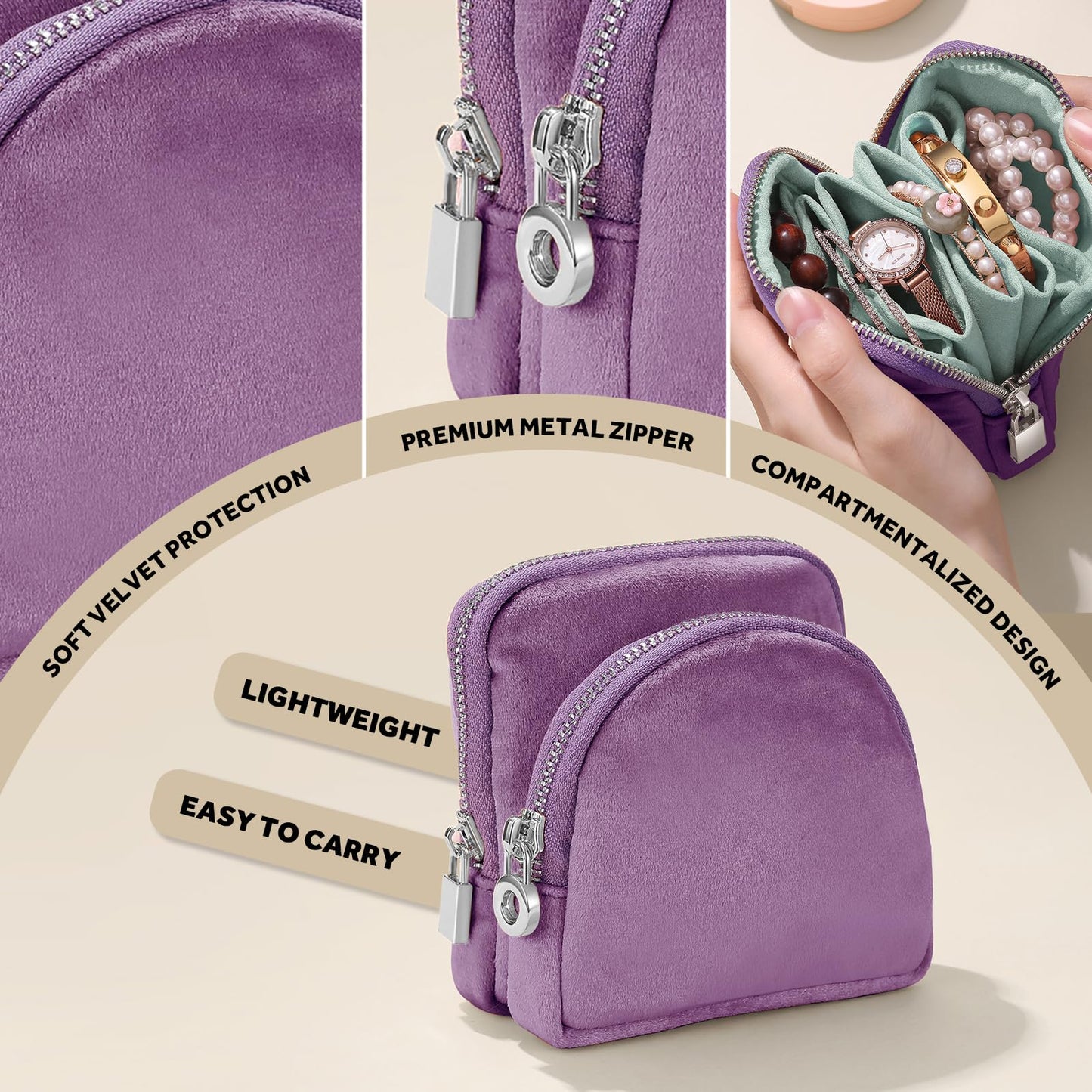 Lumayina Small Travel Jewelry Case Set 2-in-1 Detachable Velvet Pouches, Portable Jewelry Organizer Bag for Rings Earrings Bracelets, Gift Box for Women (Lavender Purple)